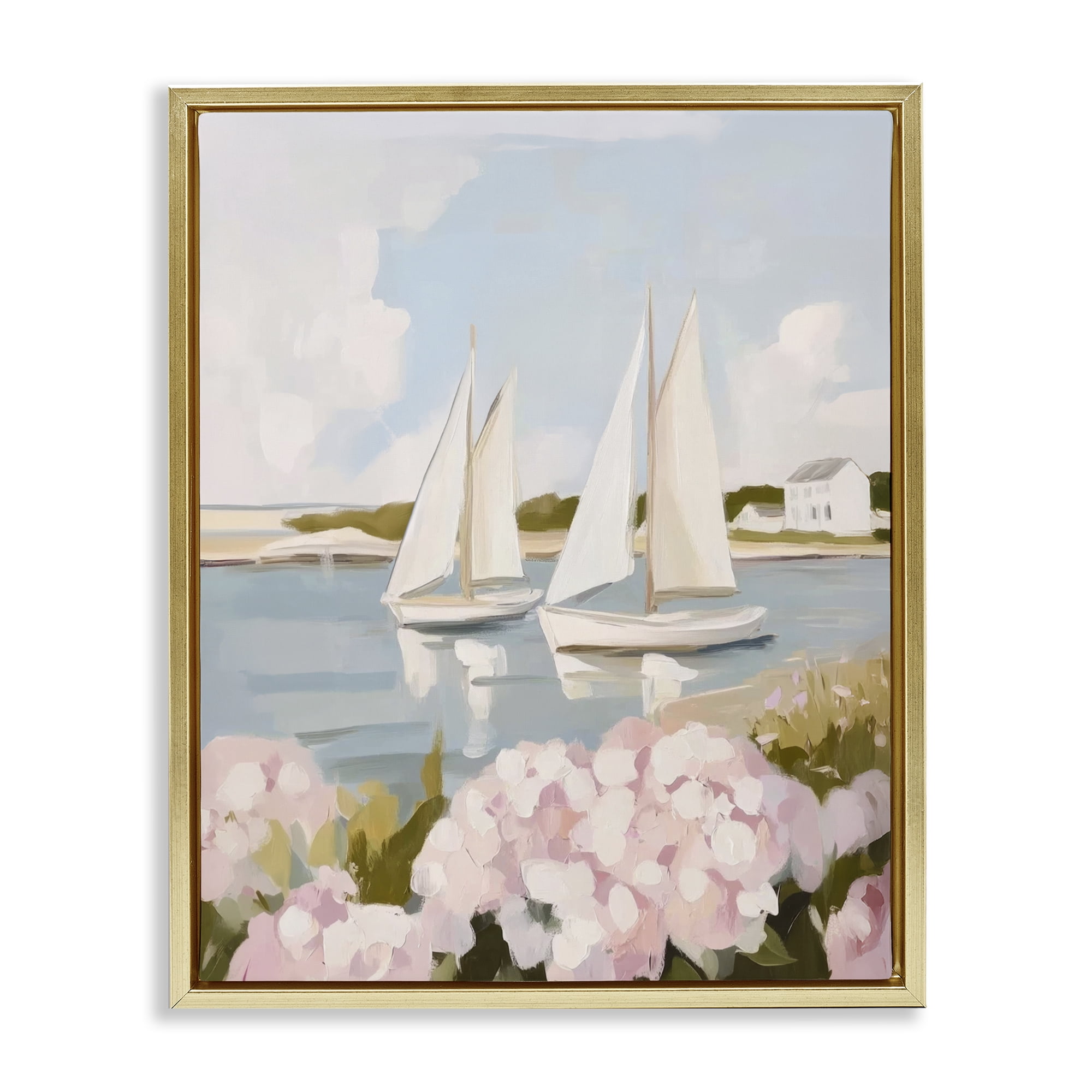 Stupell Industries Sailboat Duo with Pink Hydrangeas Gold Framed Floater Canvas Wall Art, design by Sisi and Seb