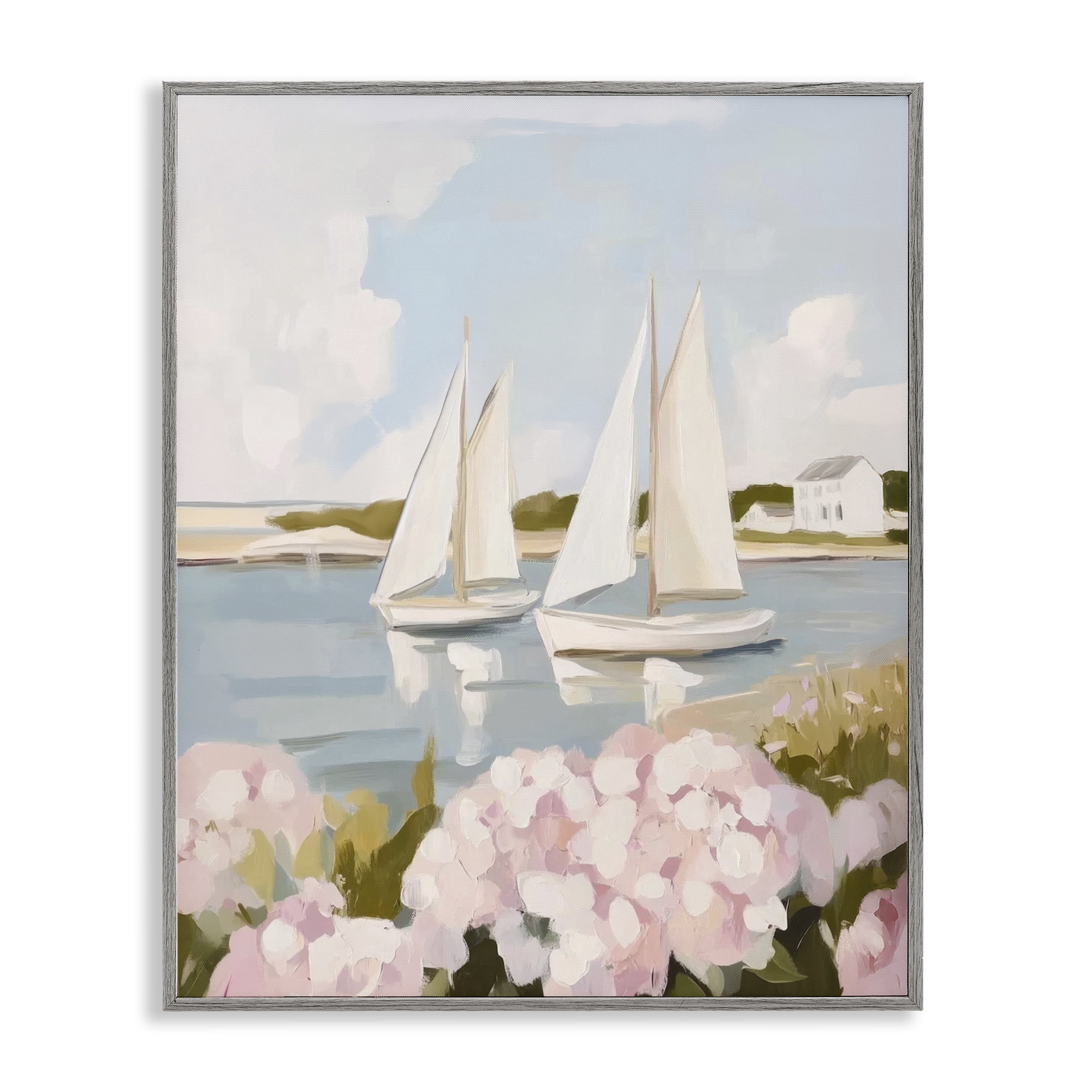 Stupell Industries Sailboat Duo with Pink Hydrangeas Gray Framed Giclee Art, design by Sisi and Seb