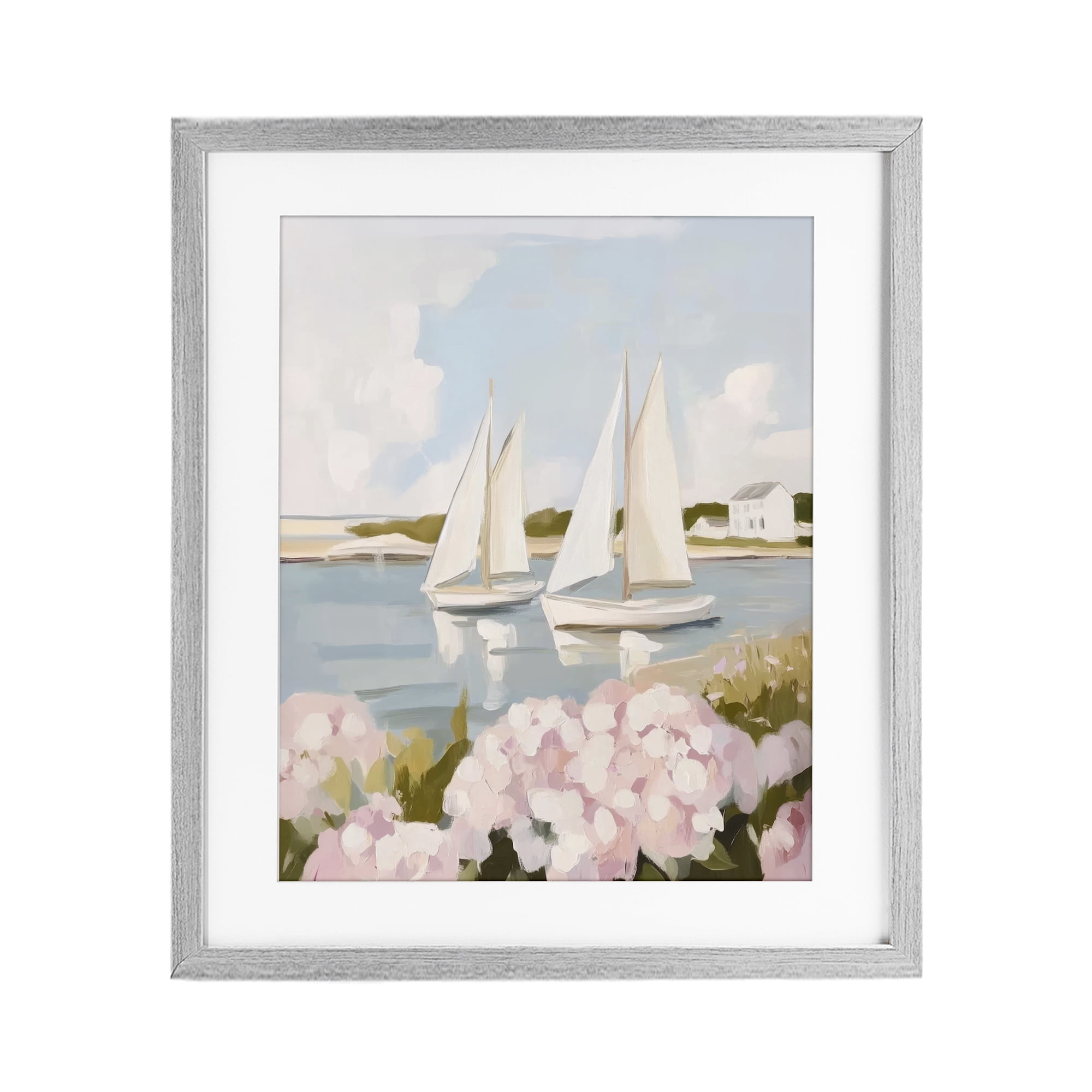 Stupell Industries Sailboat Duo with Pink Hydrangeas Gray Framed Print Under Glass, design by Sisi and Seb