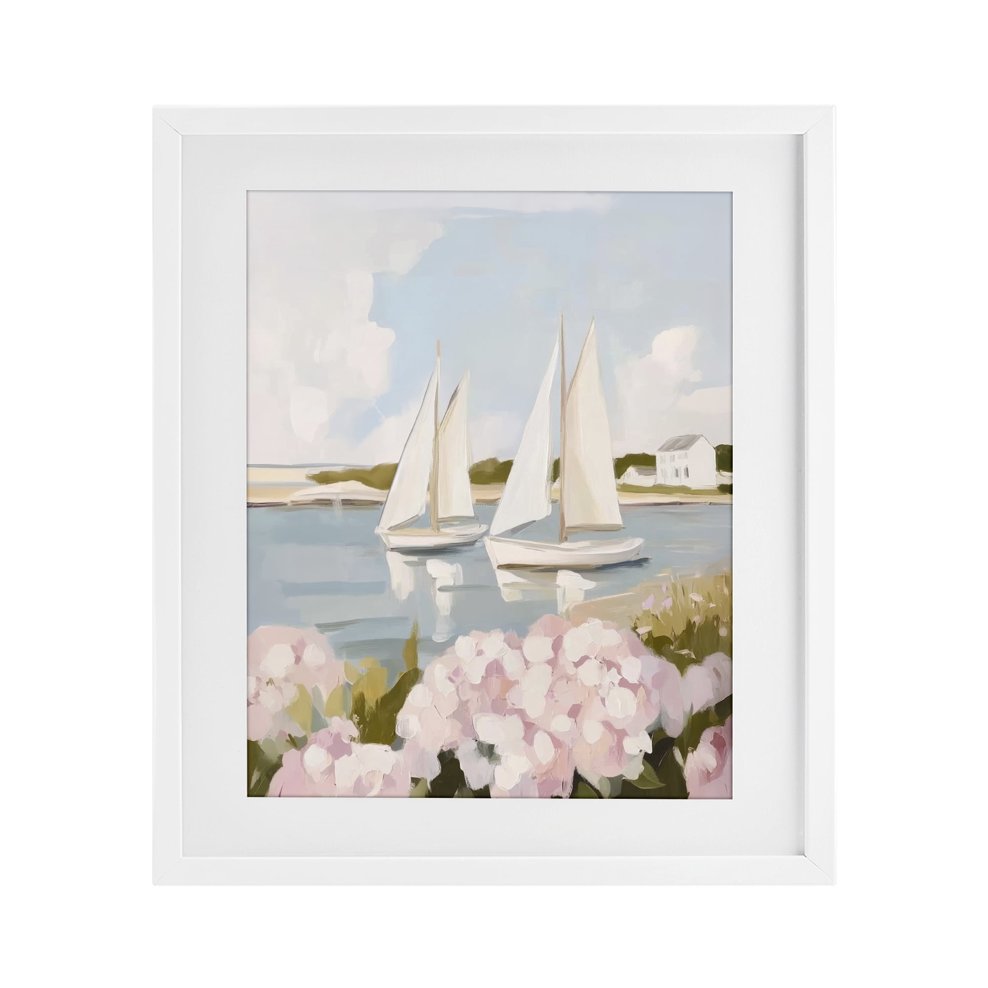 Stupell Industries Sailboat Duo with Pink Hydrangeas White Framed Print Under Glass, design by Sisi and Seb