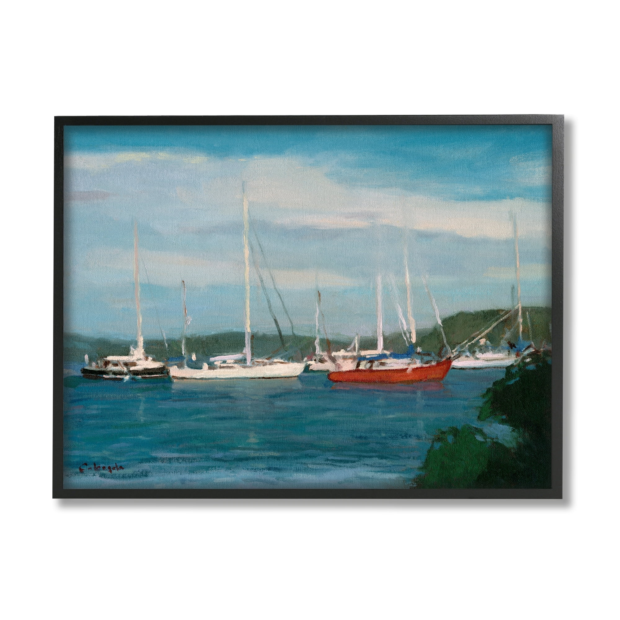 Stupell Industries Sailboat Fleet Afloat Ocean Water Distant Hills Painting Black Framed Art Print Wall Art, Design by Stephen Calcasola