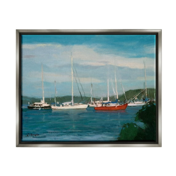 Stupell Industries Sailboat Fleet Afloat Ocean Water Distant Hills Painting Luster Gray Floating Framed Canvas Print Wall Art, Design by Stephen Calcasola