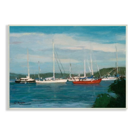 Stupell Industries Sailboat Fleet Afloat Ocean Water Distant Hills Painting Unframed Art Print Wall Art, Design by Stephen Calcasola