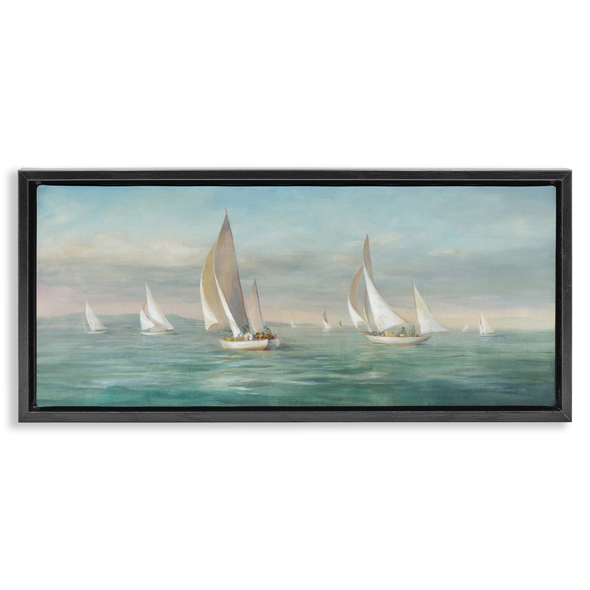 Stupell Industries Sailboat Fleet Ocean Waves Transportation Painting Black Floater Framed Canvas Art Print Wall Art, 31 x 14