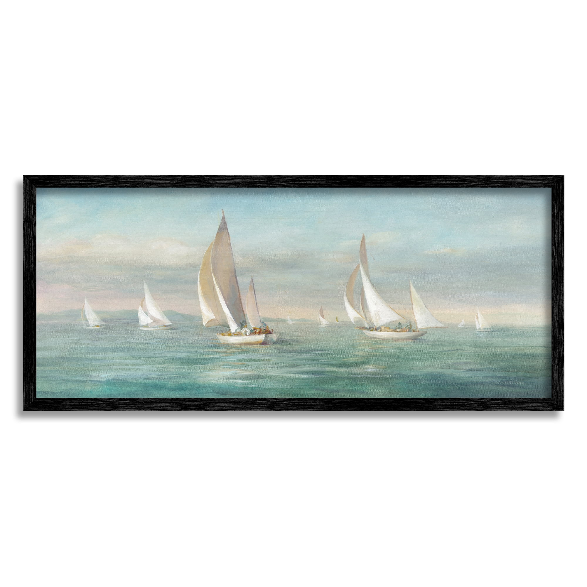 Stupell Industries Sailboat Fleet Ocean Waves Transportation Painting Black Framed Art Print Wall Art, 30 x 13