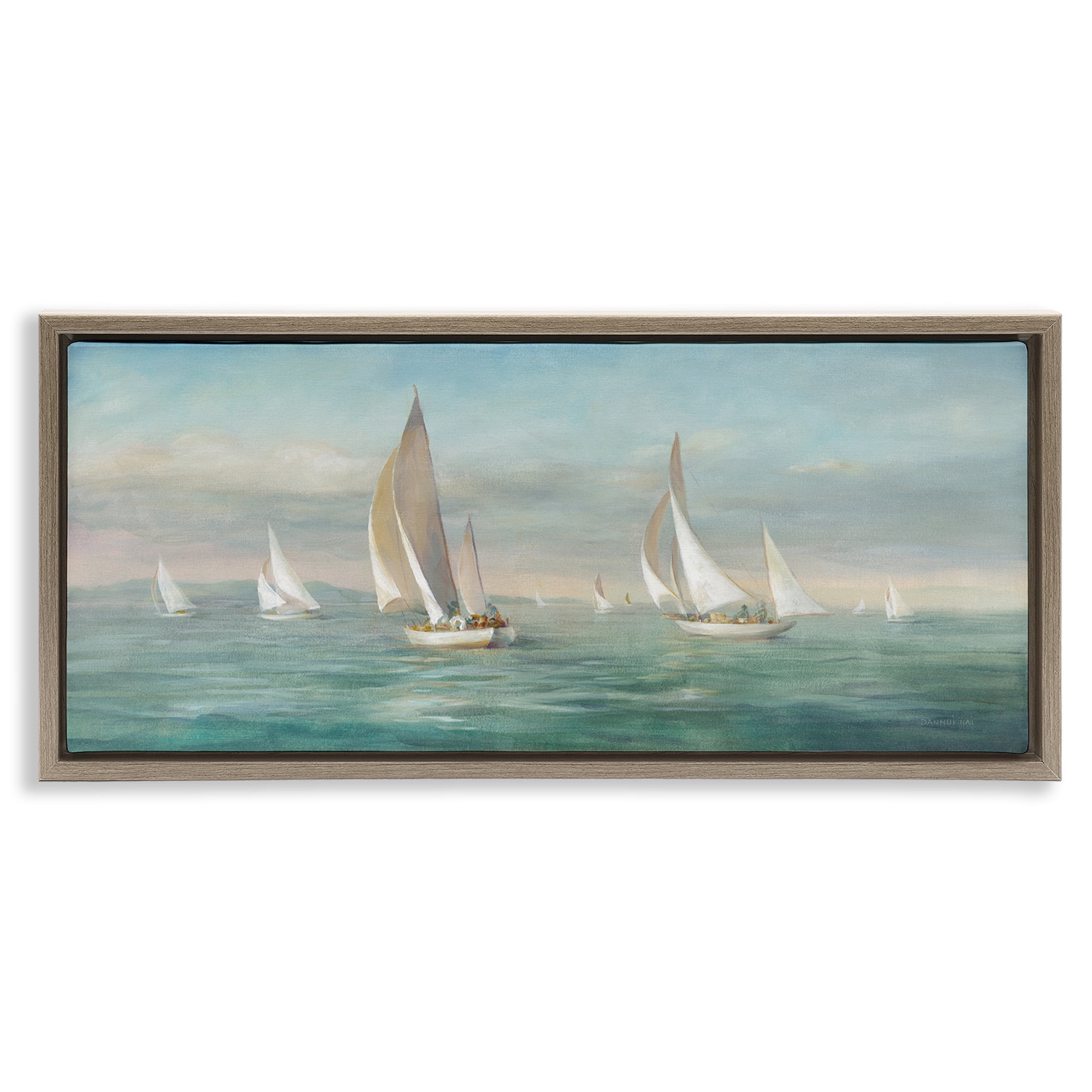 Stupell Industries Sailboat Fleet Ocean Waves Transportation Painting Brown Floater Framed Canvas Art Print Wall Art, 31 x 14