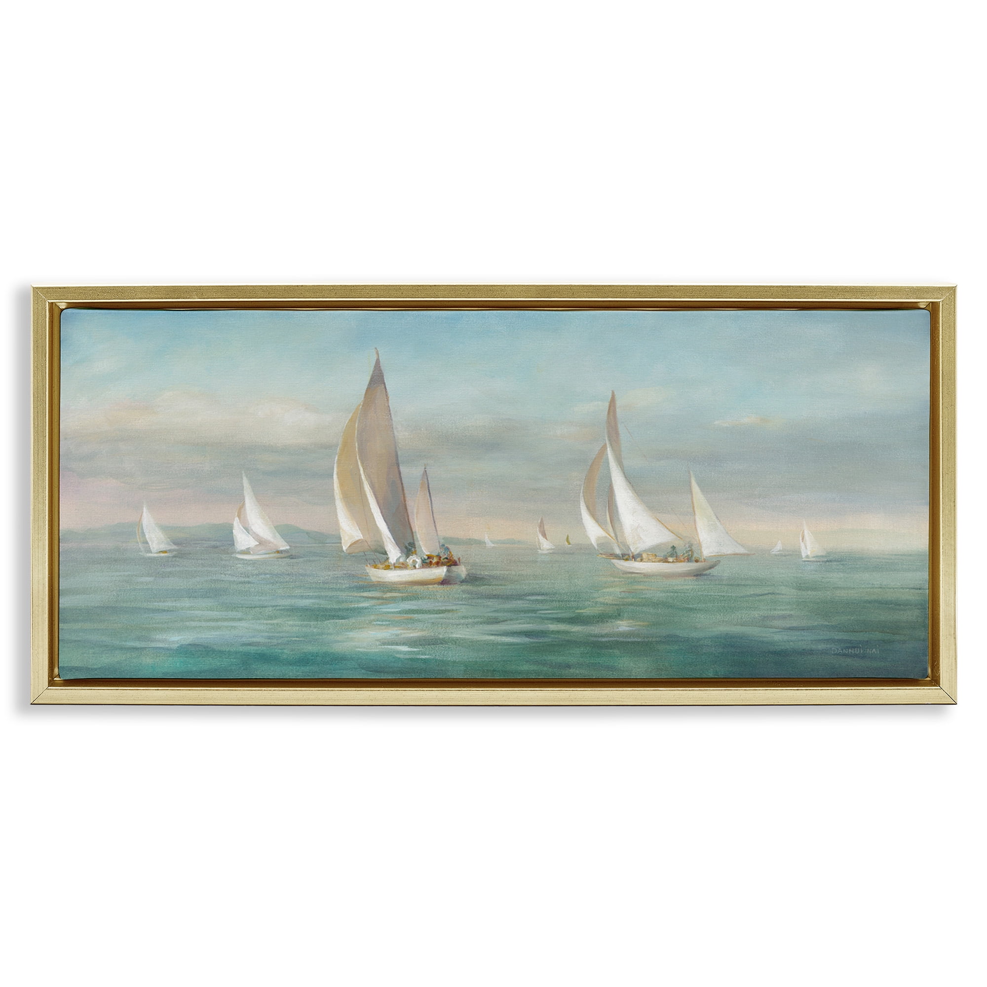 Stupell Industries Sailboat Fleet Ocean Waves Transportation Painting Gold Floater Framed Canvas Art Print Wall Art, 31 x 14