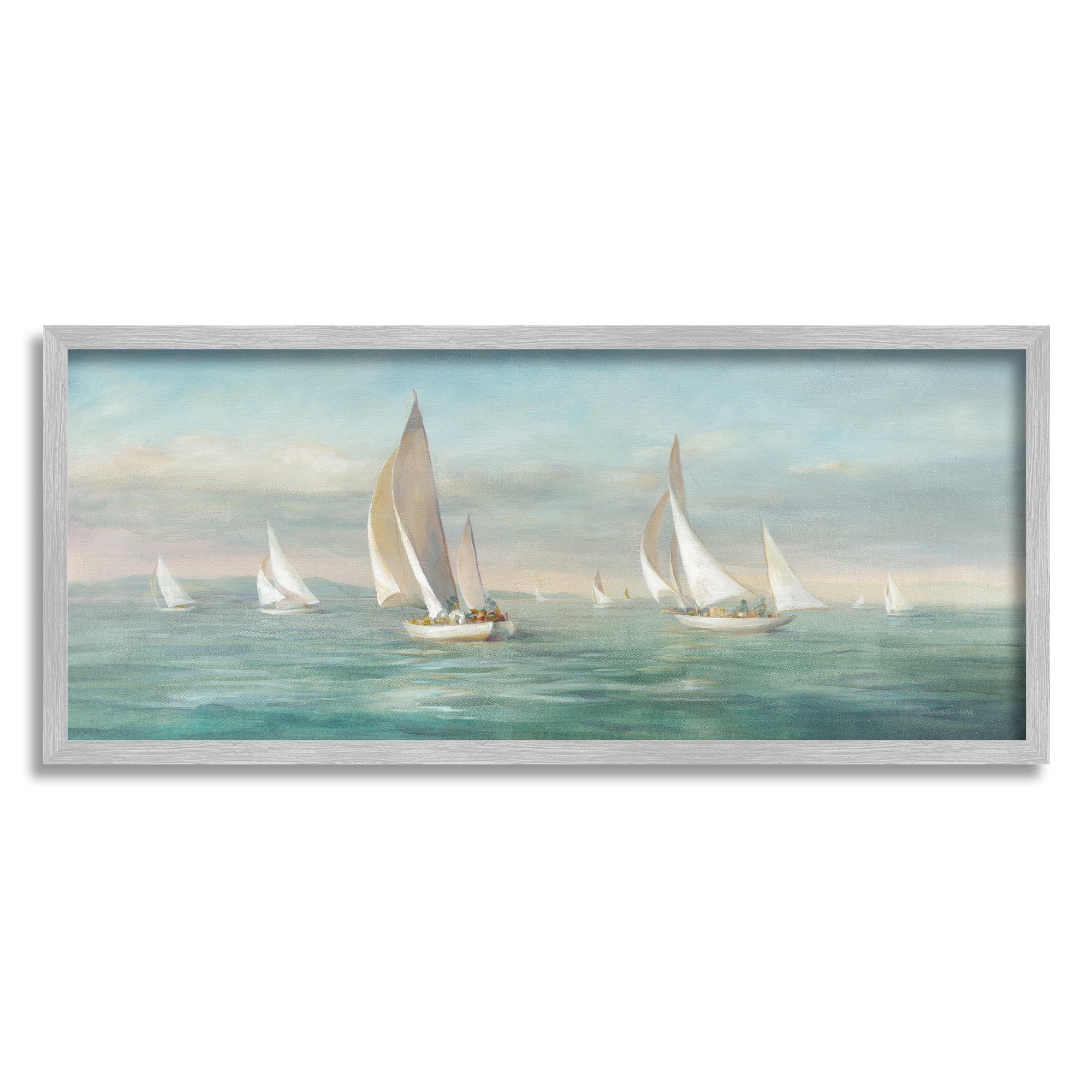 Stupell Industries Sailboat Fleet Ocean Waves Transportation Painting Gray Framed Art Print Wall Art, 30 x 13