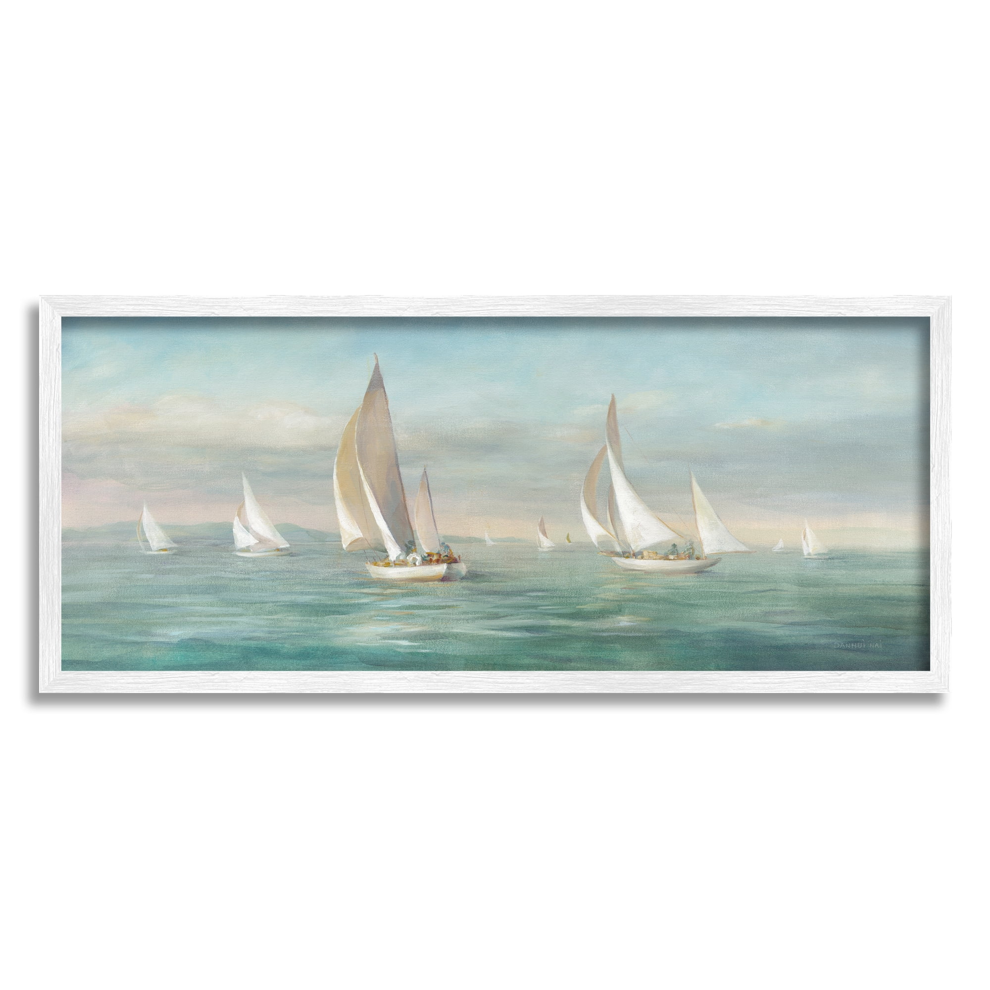 Stupell Industries Sailboat Fleet Ocean Waves Transportation Painting White Framed Art Print Wall Art, 24 x 10