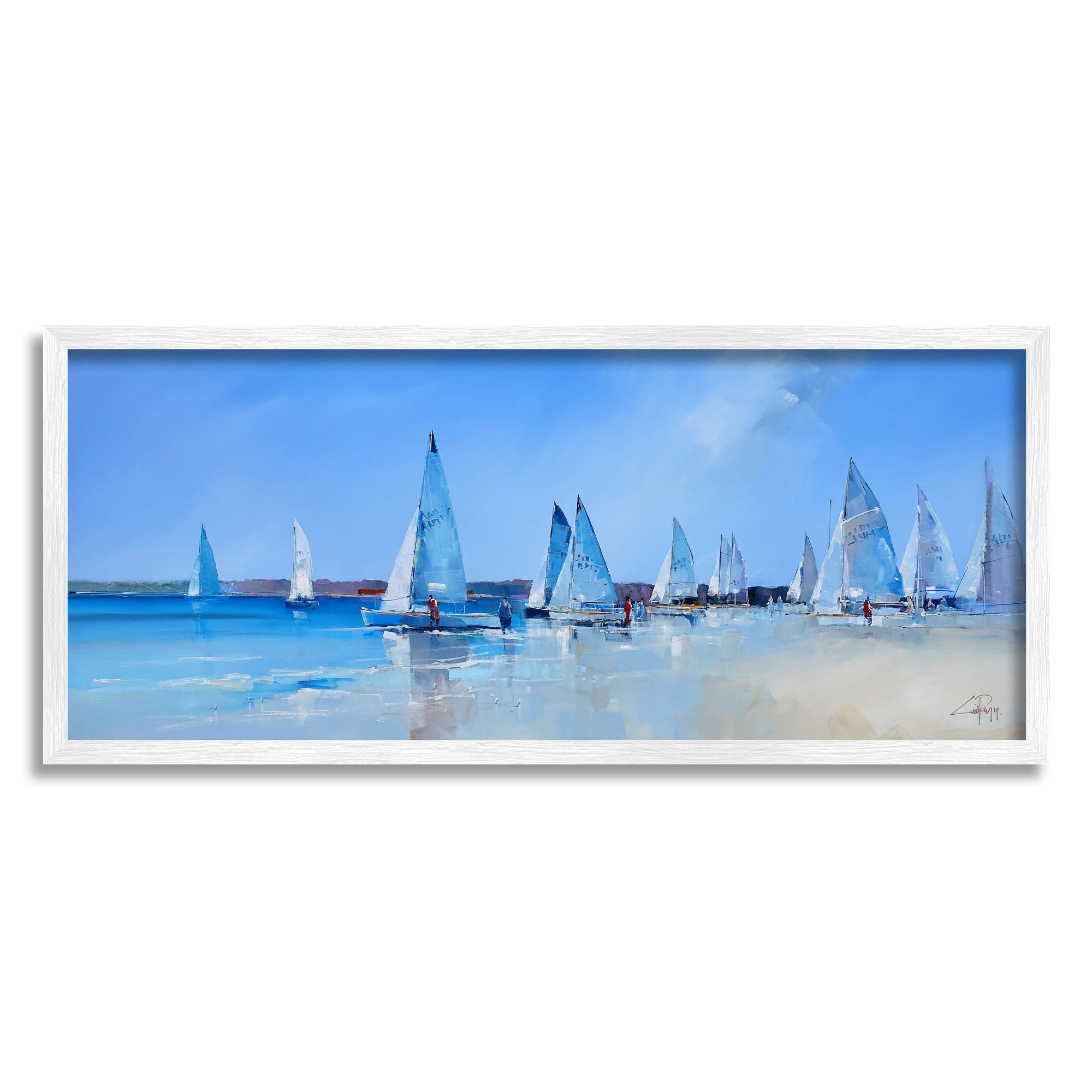 Stupell Industries Sailboat Fleet & Sailors Transportation Painting White Framed Art Print Wall Art, 30 x 13