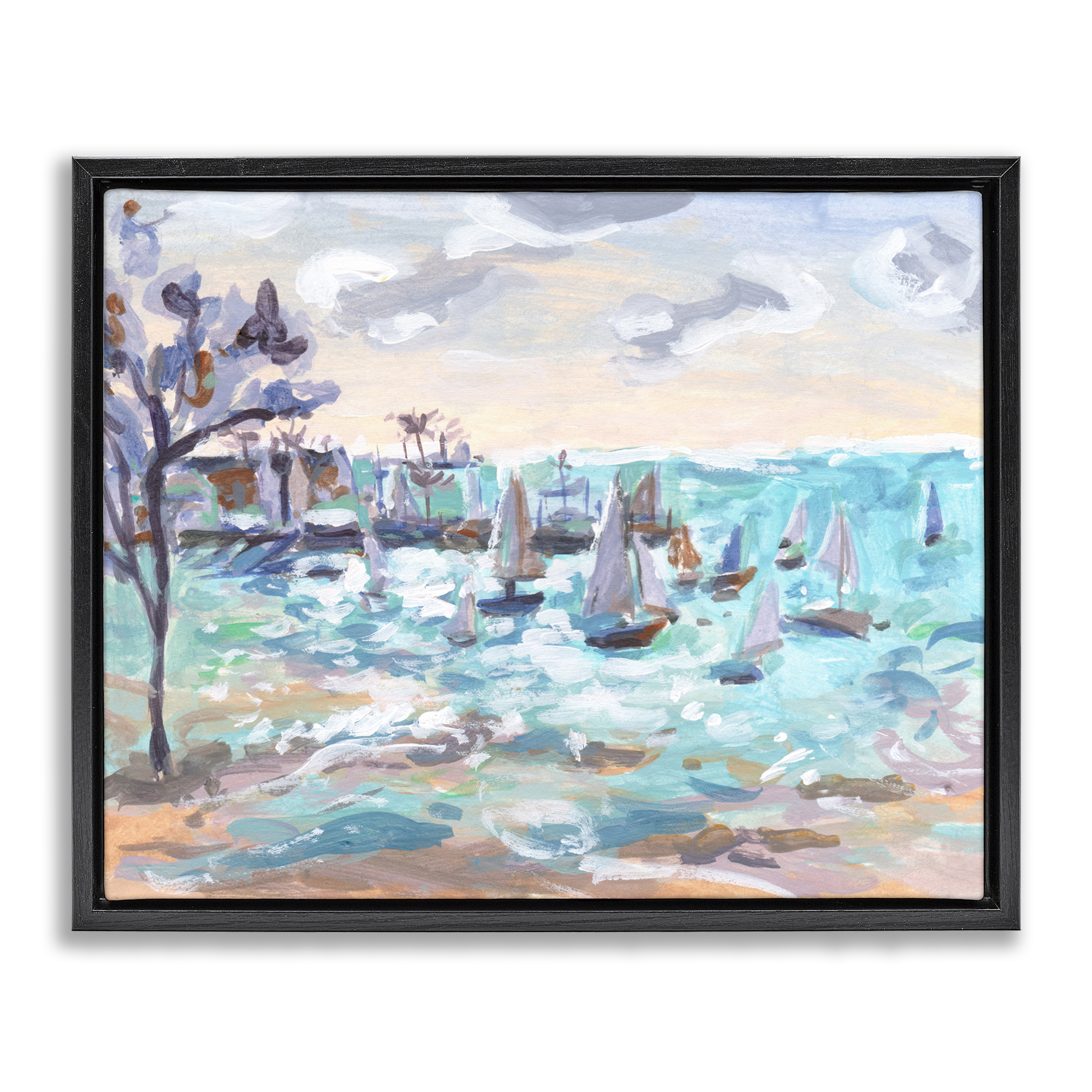 Stupell Industries Sailboat Fleet by Shore Nautical & Beach Painting Black Floater Framed Canvas Art Print Wall Art, 21 x 17