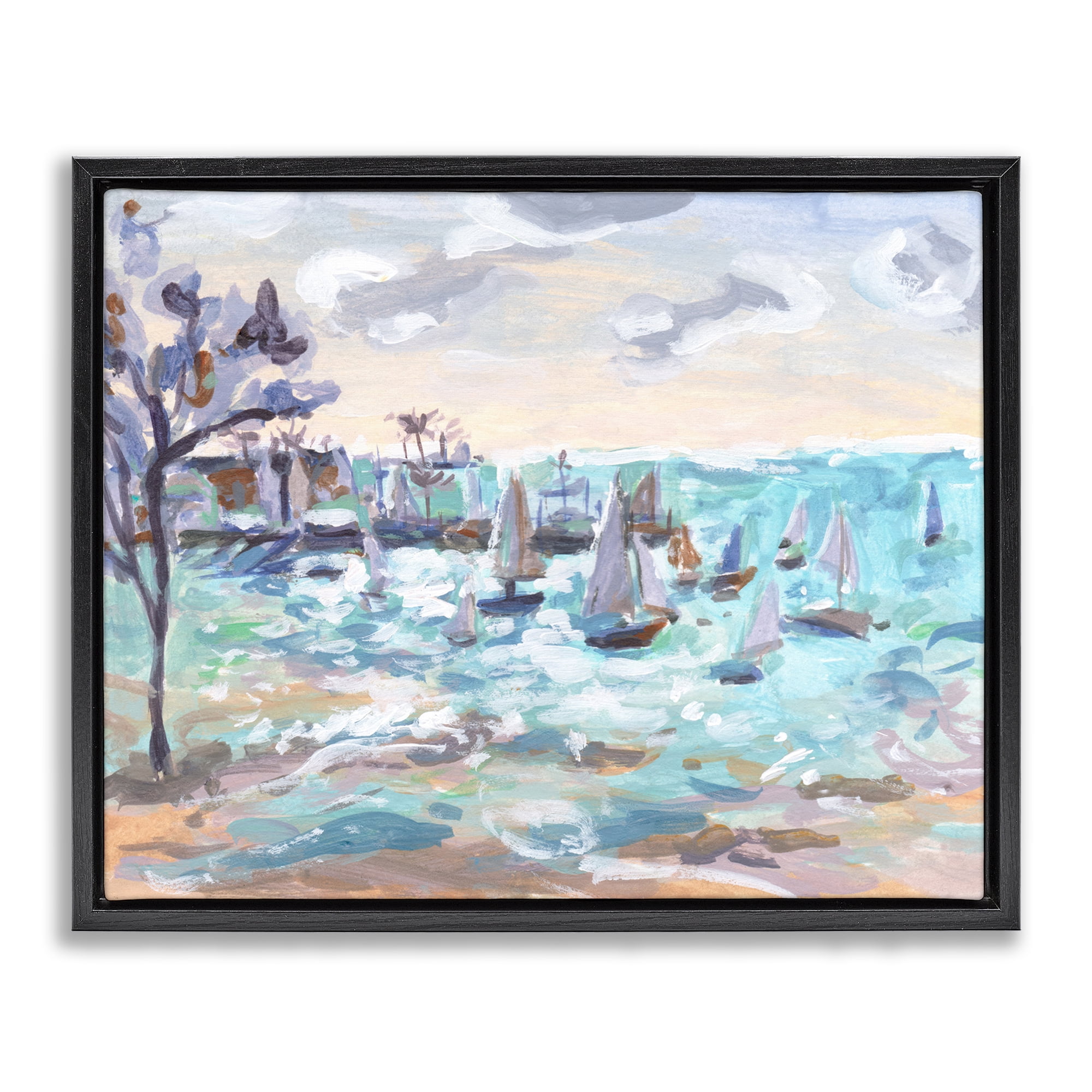 Stupell Industries Sailboat Fleet by Shore Nautical & Beach Painting Black Floater Framed Canvas Art Print Wall Art, 31 x 25