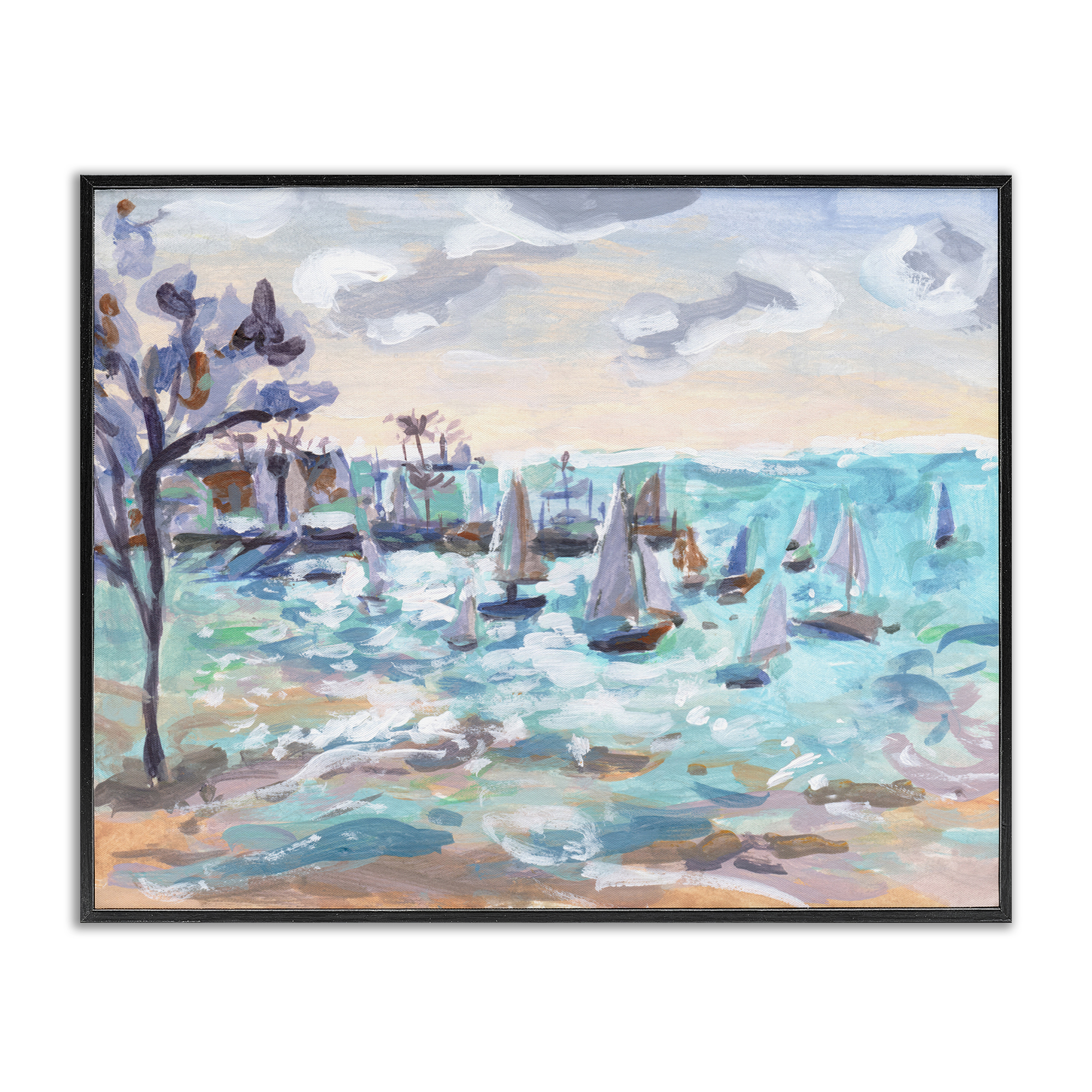 Stupell Industries Sailboat Fleet by Shore Nautical & Beach Painting Black Framed Art Print Wall Art, 14 x 11