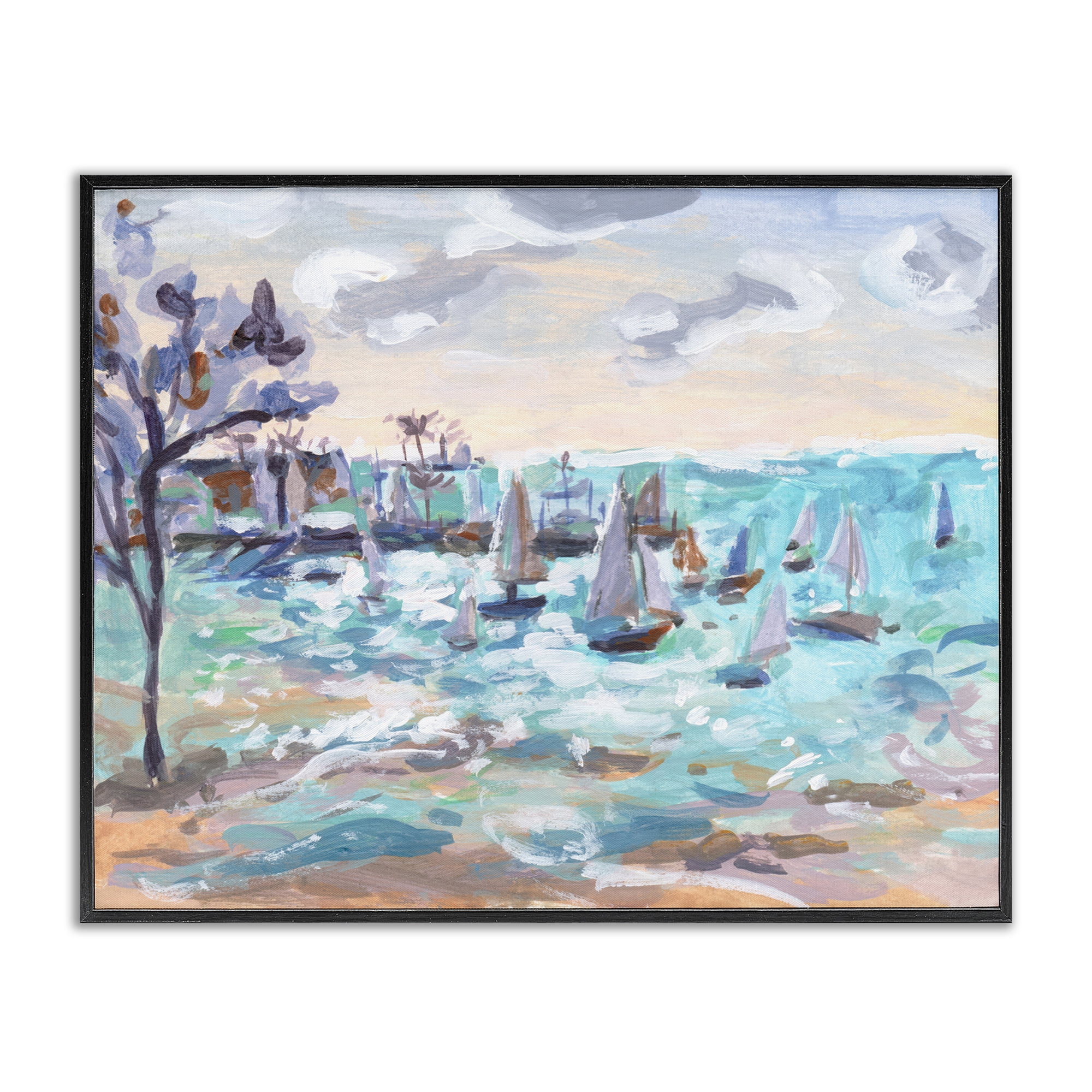 Stupell Industries Sailboat Fleet by Shore Nautical & Beach Painting Black Framed Art Print Wall Art, 30 x 24