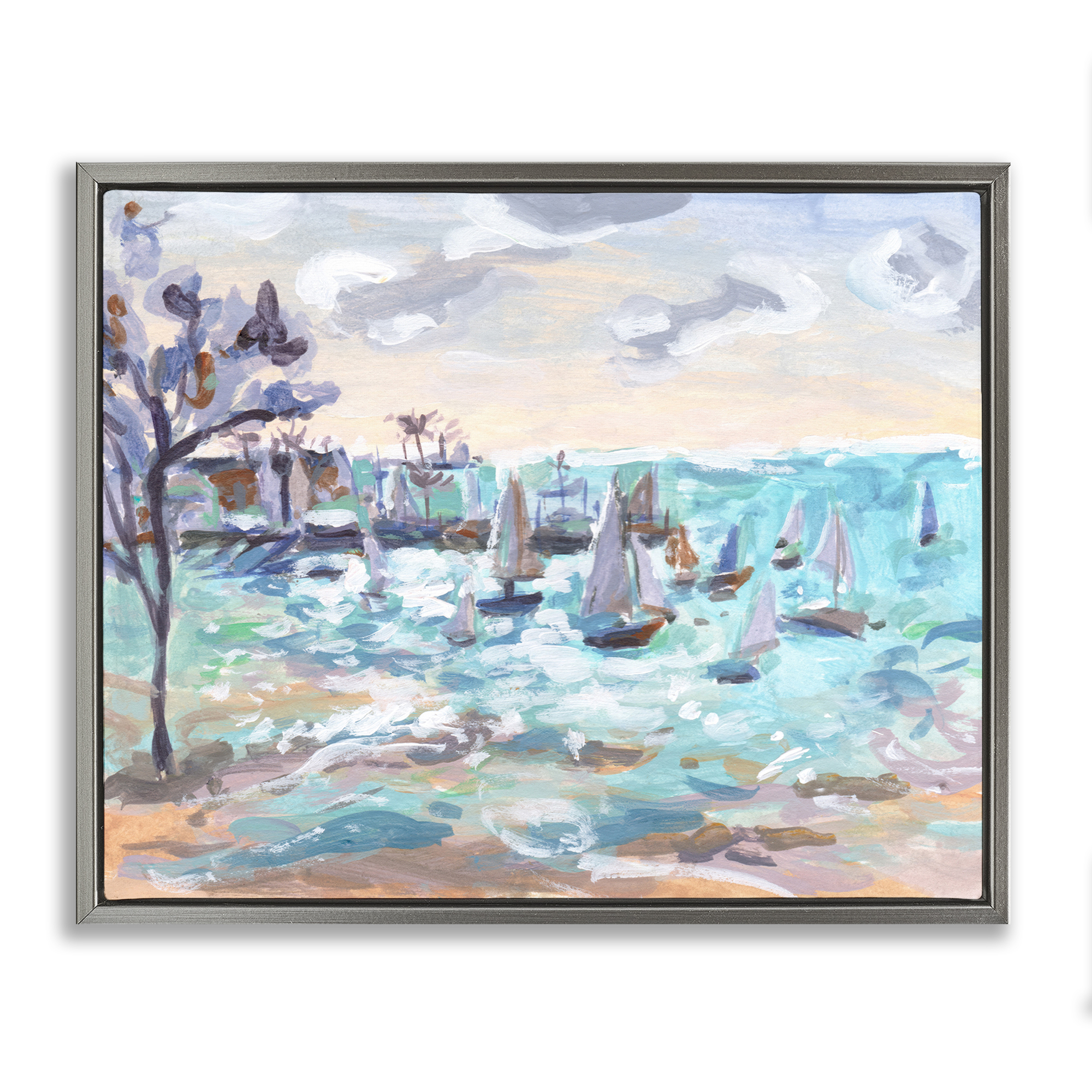 Stupell Industries Sailboat Fleet by Shore Nautical & Beach Painting Gray Floater Framed Canvas Art Print Wall Art, 31 x 25