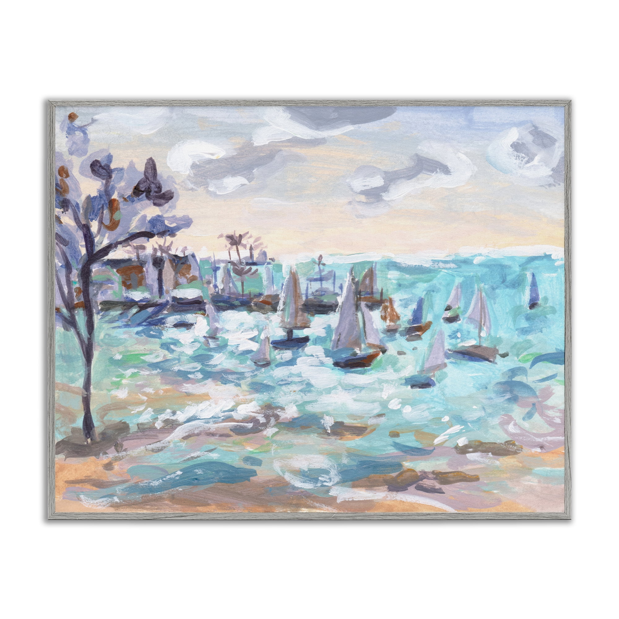 Stupell Industries Sailboat Fleet by Shore Nautical & Beach Painting Gray Framed Art Print Wall Art, 20 x 16