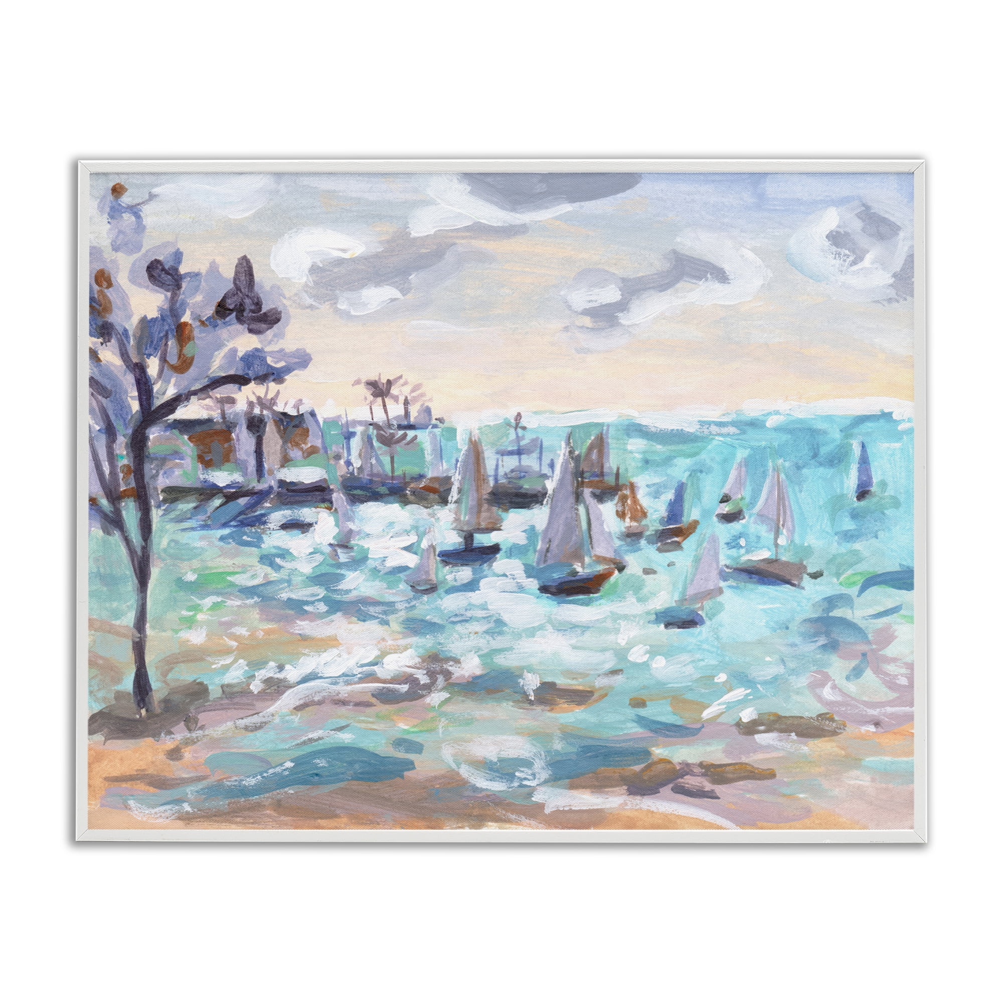 Stupell Industries Sailboat Fleet by Shore Nautical & Beach Painting White Framed Art Print Wall Art, 14 x 11
