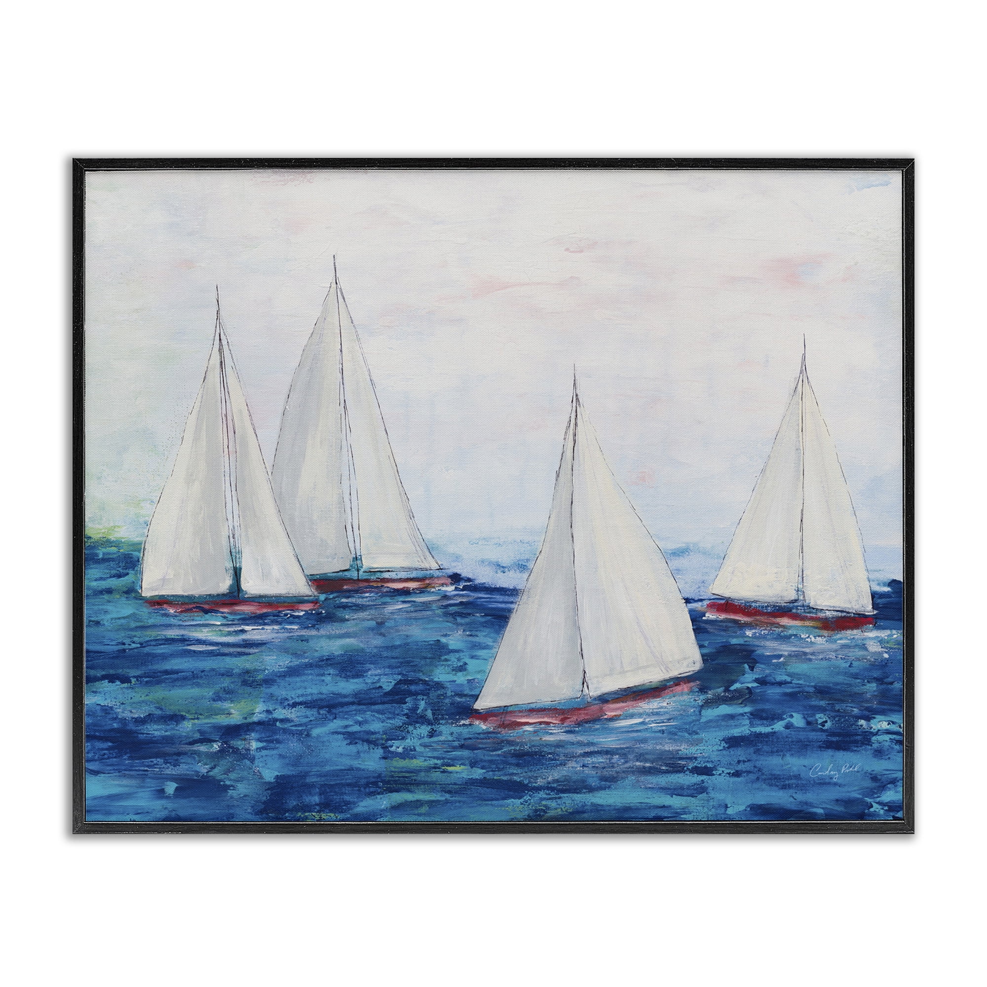 Stupell Industries Sailboat Fleet on Ocean Coastal Painting Black Framed Art Print Wall Art, 20 x 16