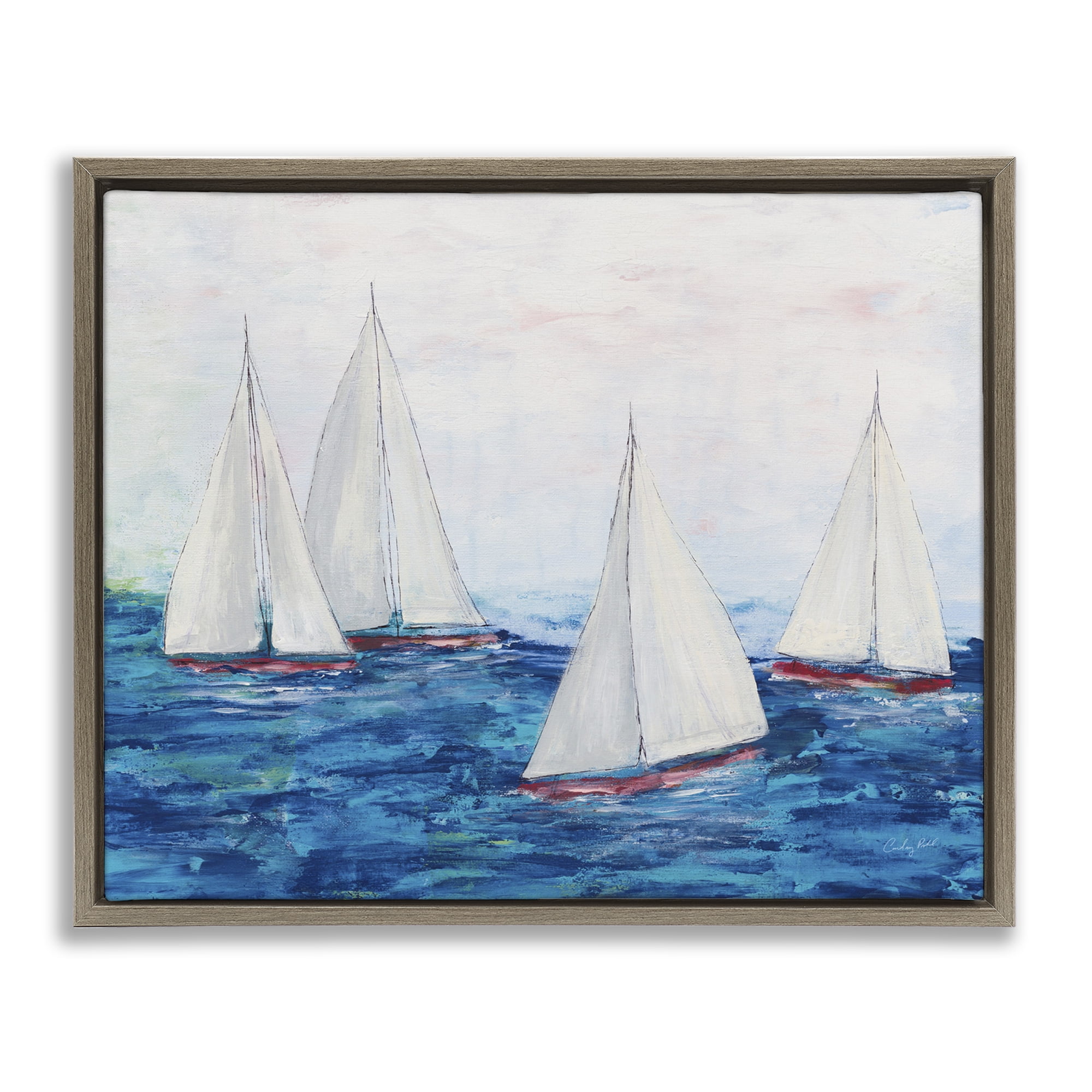Stupell Industries Sailboat Fleet on Ocean Coastal Painting Brown Floater Framed Canvas Art Print Wall Art, 31 x 25