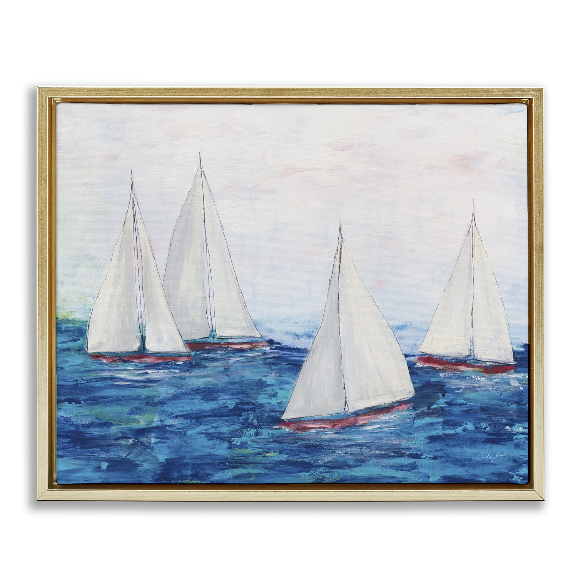Stupell Industries Sailboat Fleet on Ocean Coastal Painting Gold Floater Framed Canvas Art Print Wall Art, 21 x 17