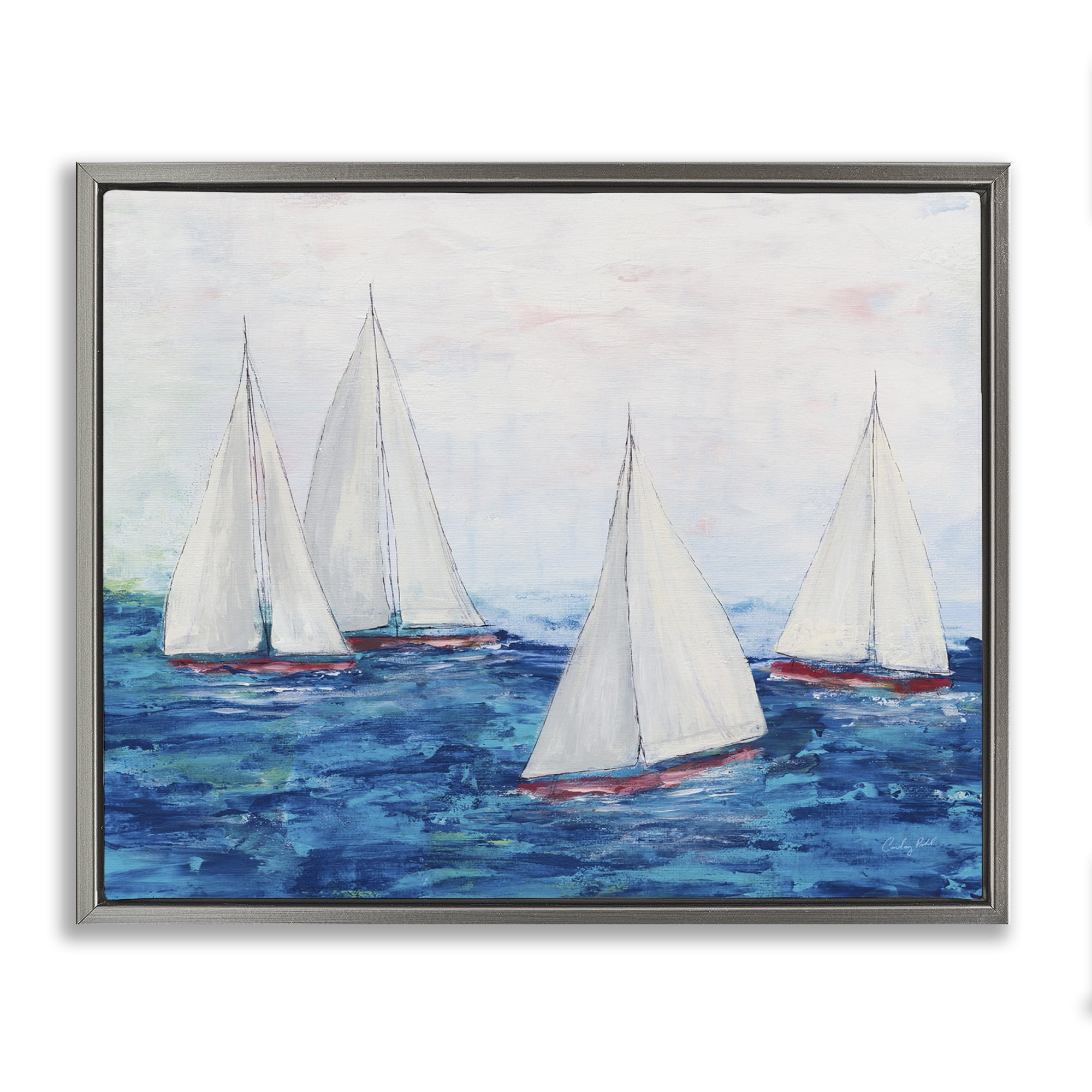 Stupell Industries Sailboat Fleet on Ocean Coastal Painting Gray Floater Framed Canvas Art Print Wall Art, 31 x 25