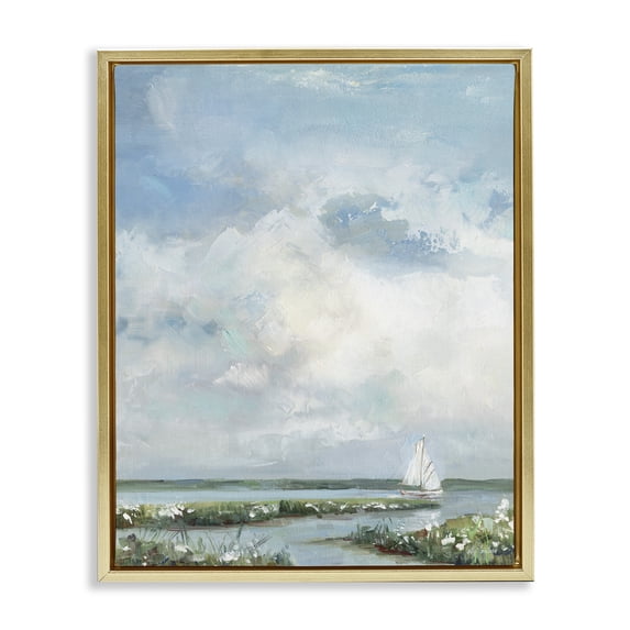 Stupell Industries Coastal Sailboat On Summer Marsh Gold Floating Frame Canvas Art, 25 x 31, by Sally Swatland