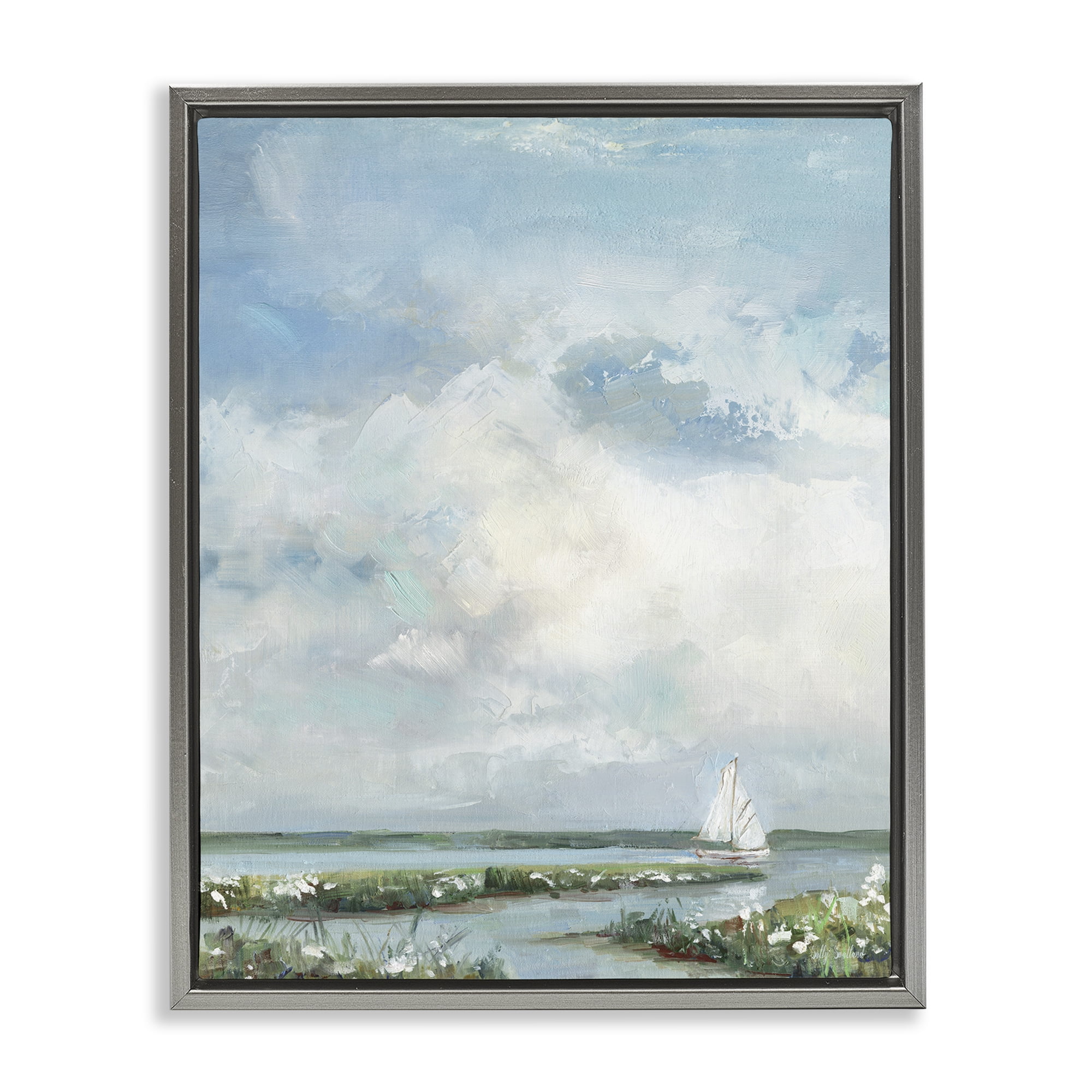 Stupell Industries Sailboat On Summer Marsh Gray Framed Floater Canvas Wall Art, design by Sally Swatland