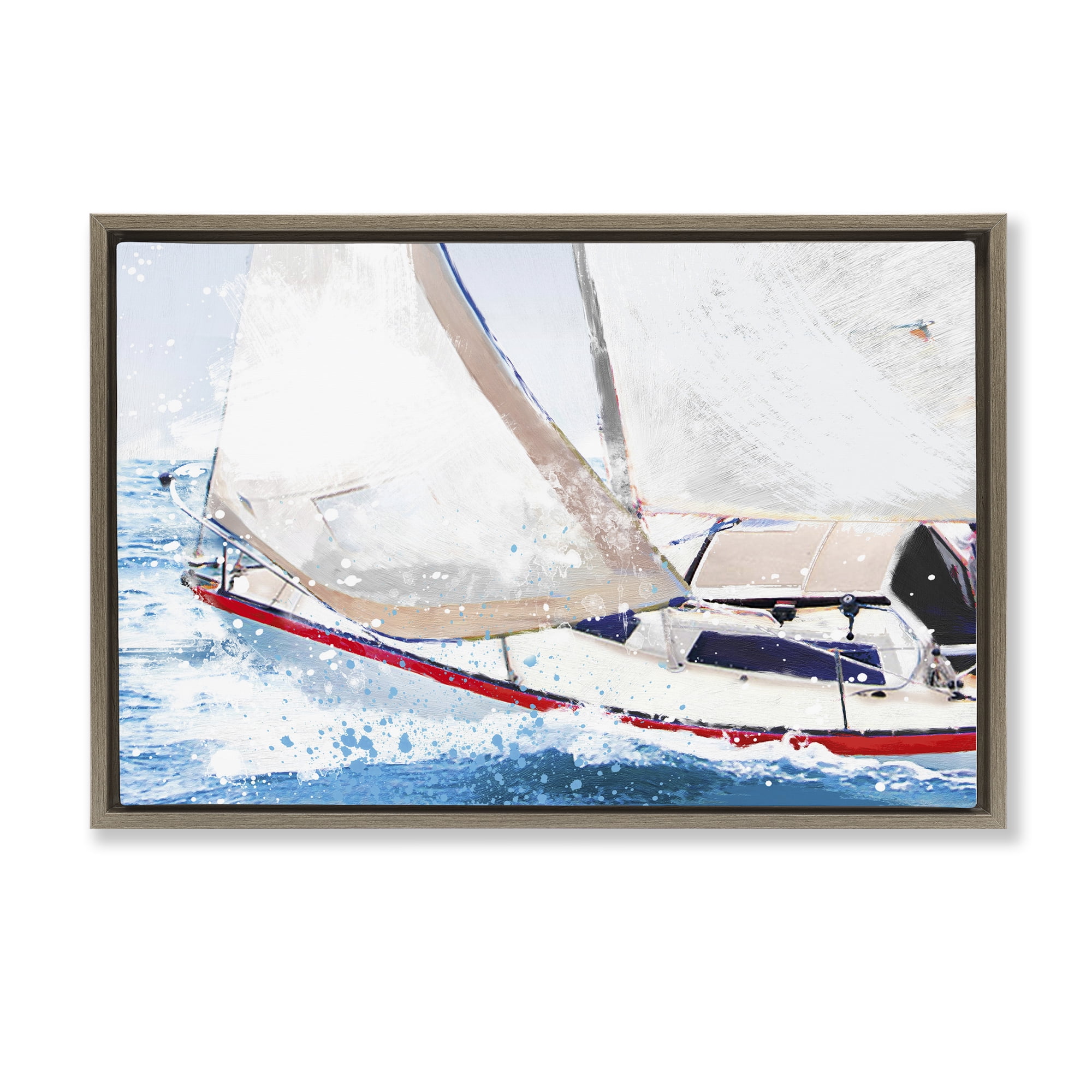 Stupell Industries Sailboat Racing Through Blue Waves Brown Framed Floater Canvas Wall Art, design by Porter Hastings