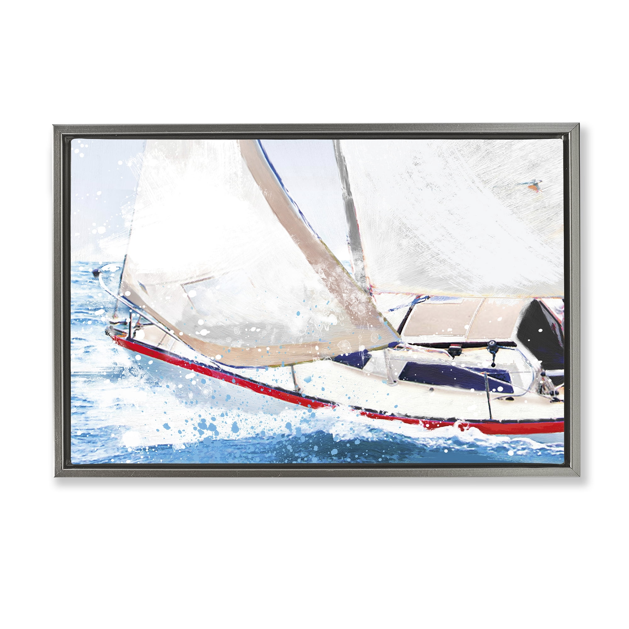 Stupell Industries Sailboat Racing Through Blue Waves Gray Framed Floater Canvas Wall Art, design by Porter Hastings