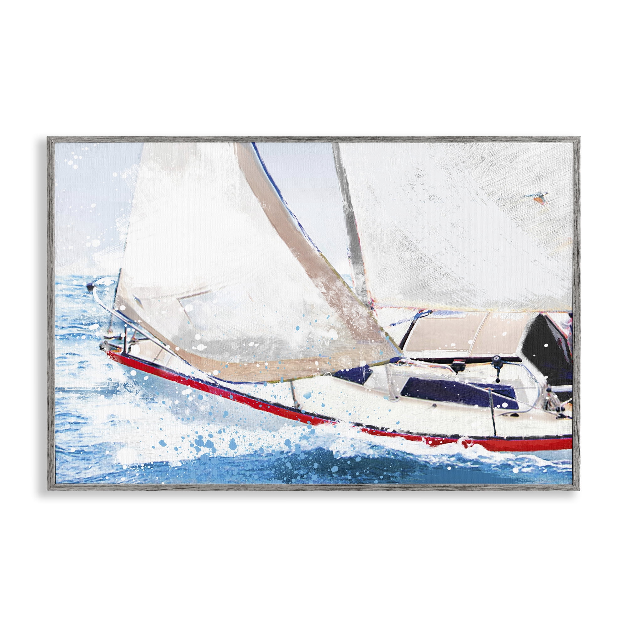 Stupell Industries Sailboat Racing Through Blue Waves Gray Framed Giclee Art, design by Porter Hastings