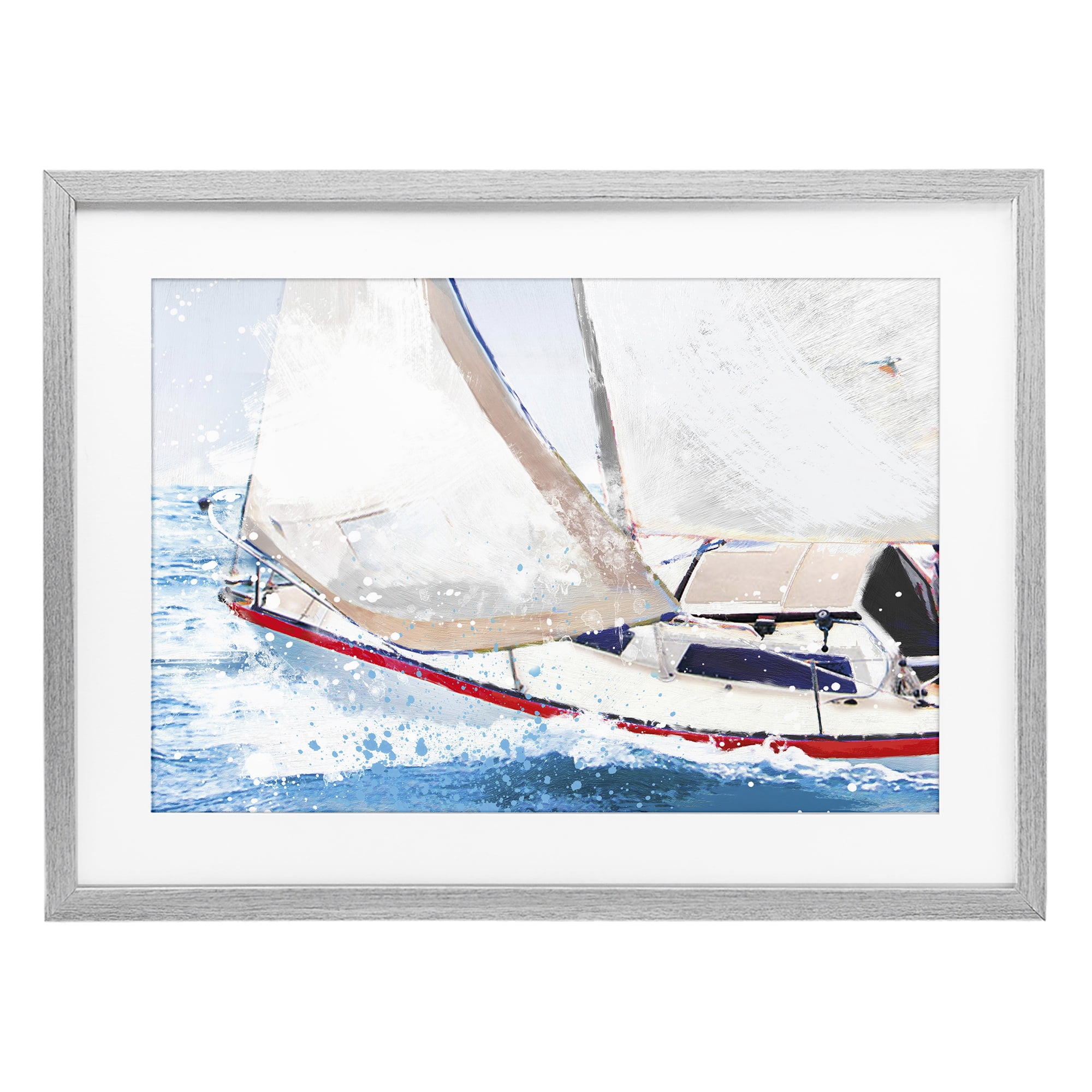 Stupell Industries Sailboat Racing Through Blue Waves Gray Framed Print Under Glass, design by Porter Hastings