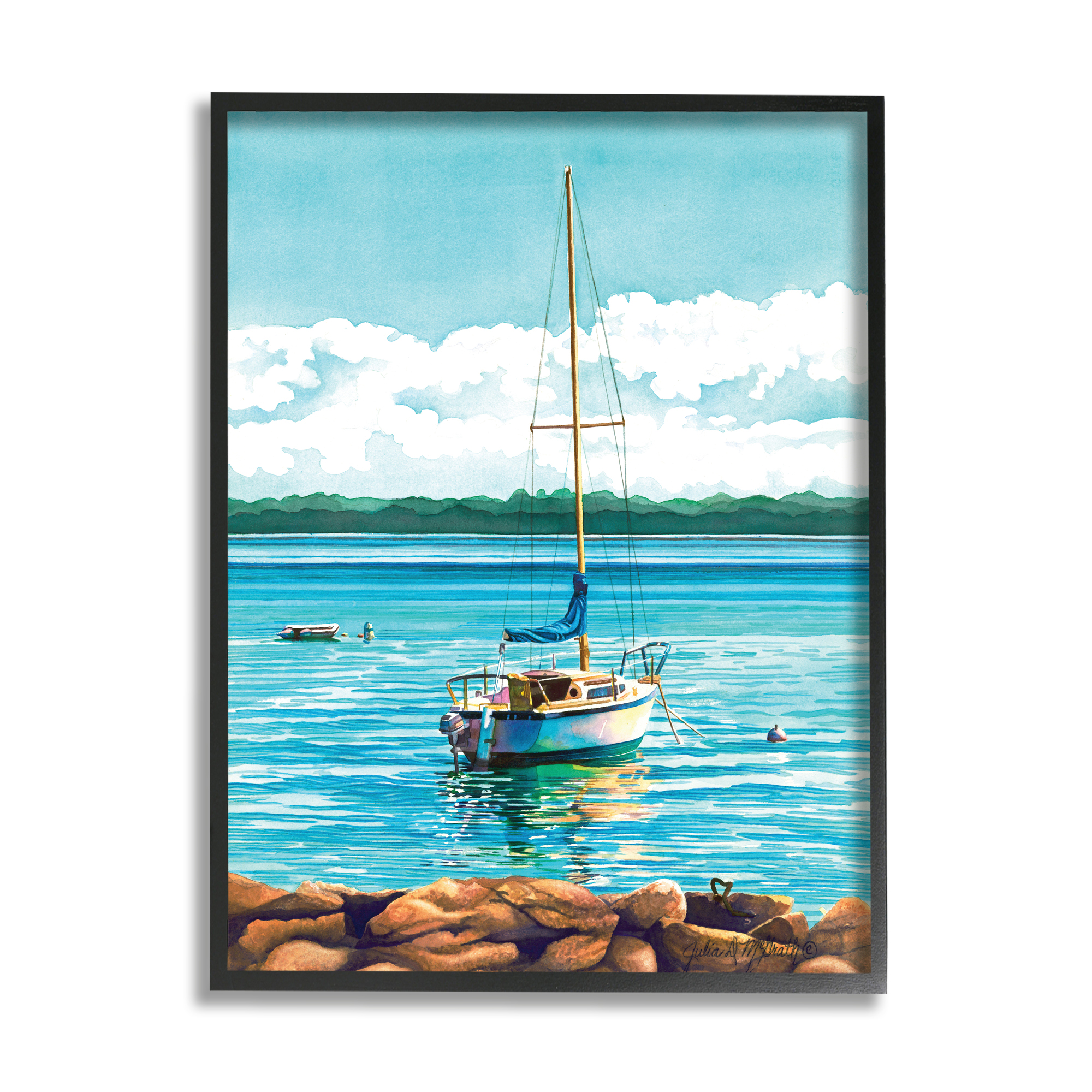 Stupell Industries Sailboat Rocky Shoreline Nature Painting Black Framed Art Print Wall Art, 24 x 30
