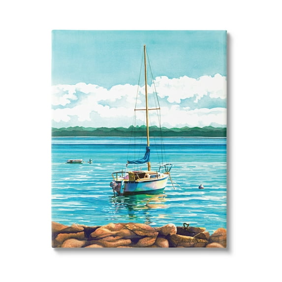 Stupell Industries Sailboat Rocky Shoreline Nature Painting Gallery Wrapped Canvas Print Wall Art, 16 x 20