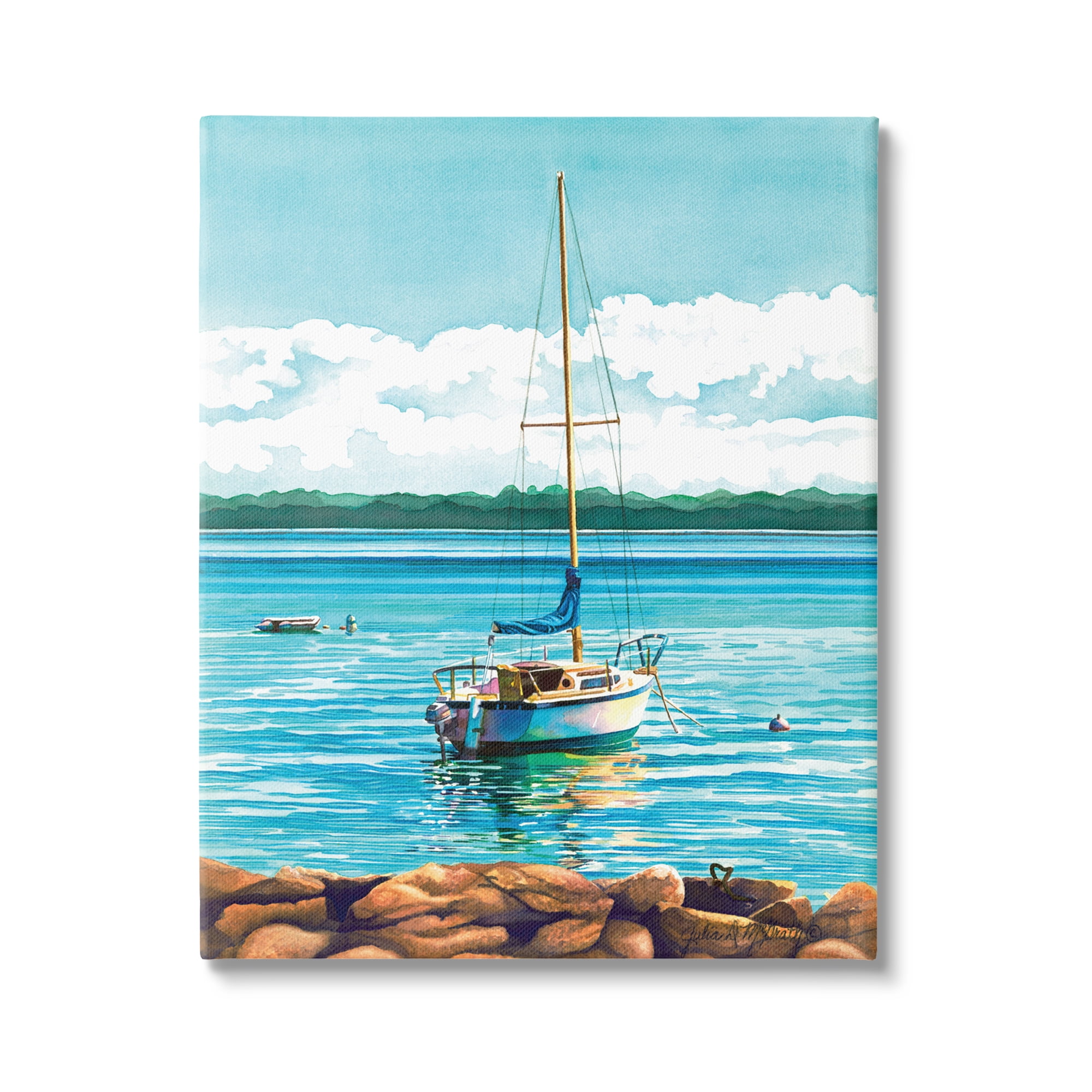 Stupell Industries Sailboat Rocky Shoreline Nature Painting Gallery Wrapped Canvas Print Wall Art, 30 x 40
