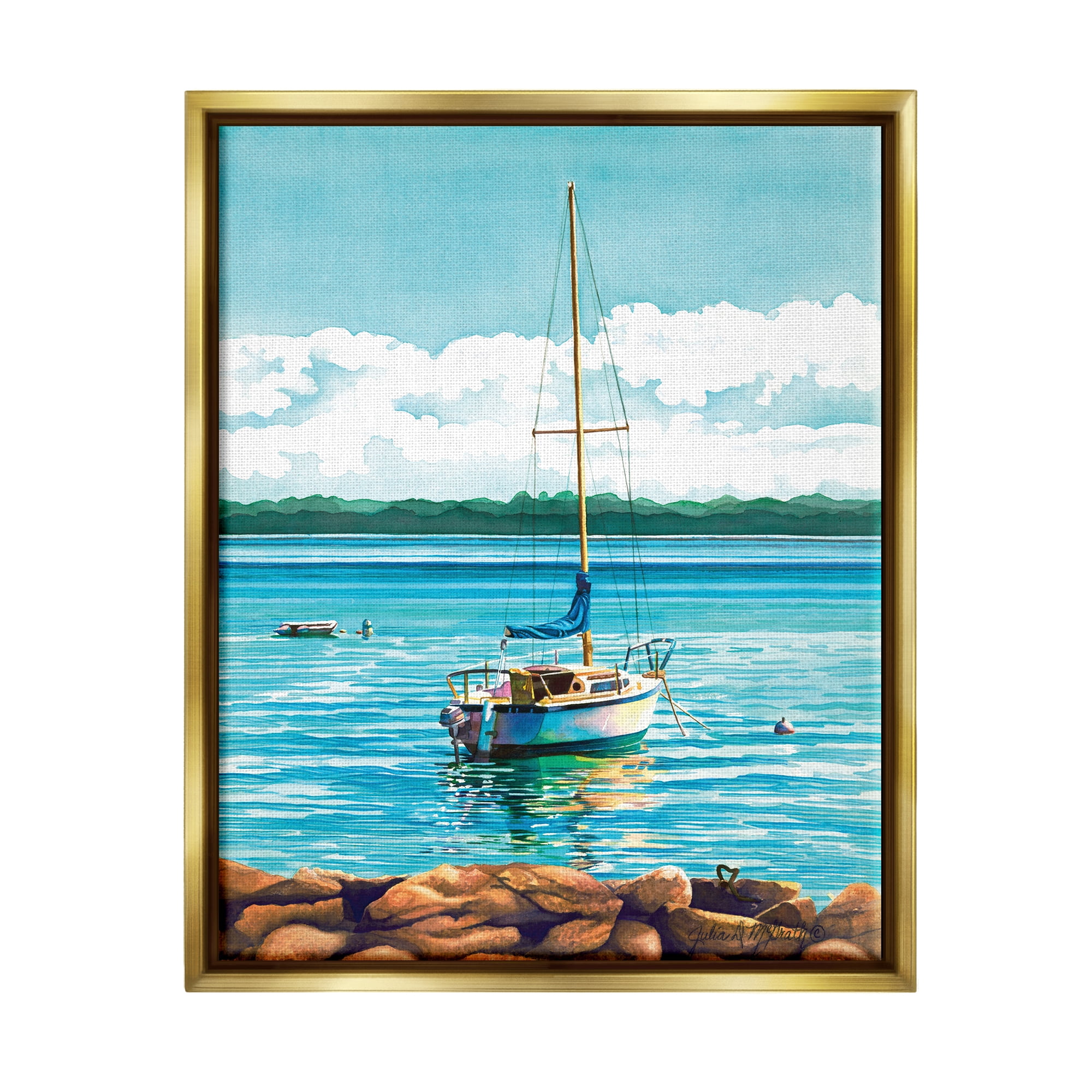 Stupell Industries Sailboat Rocky Shoreline Nature Painting Gold Floater Framed Art Print Wall Art, 25 x 31
