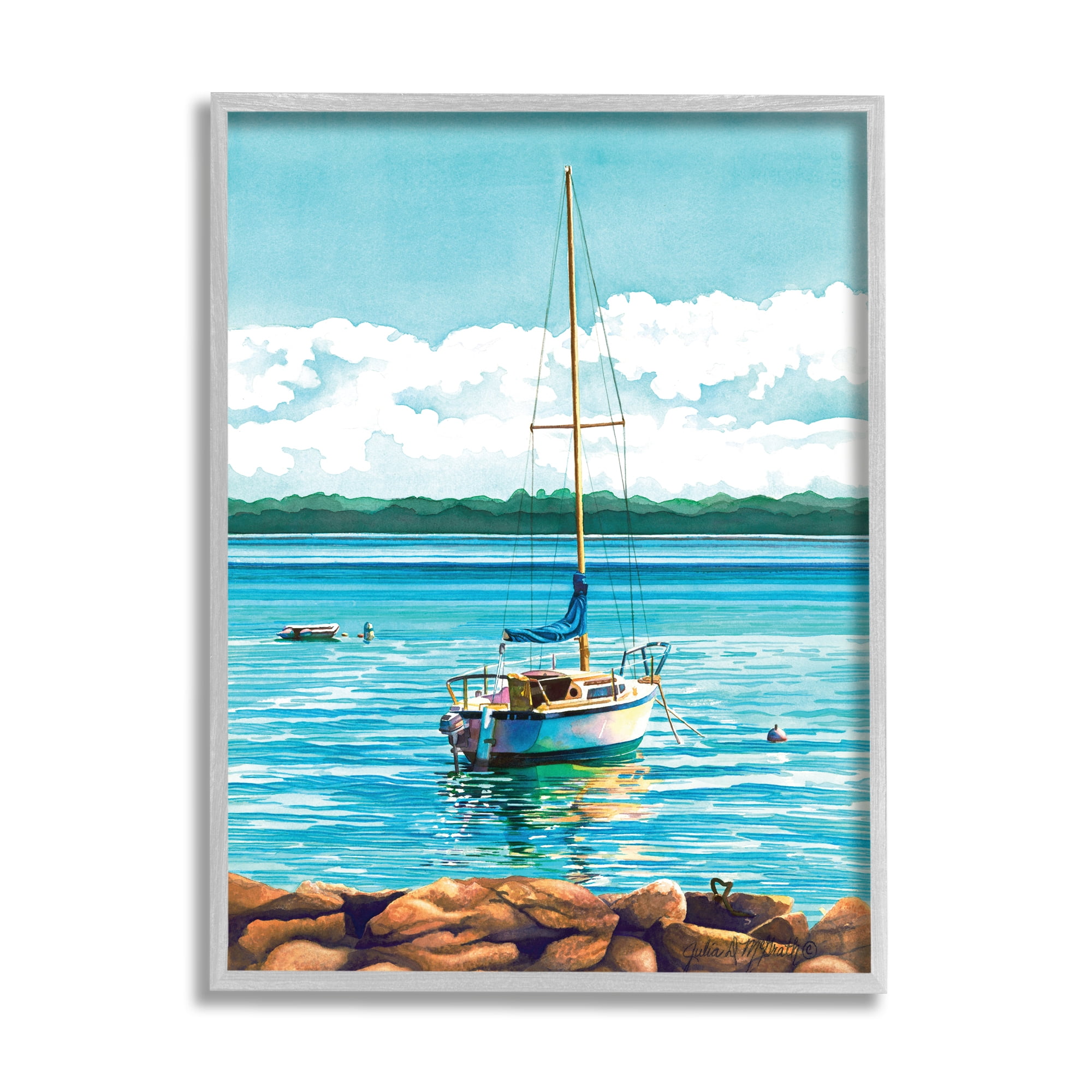 Stupell Industries Sailboat Rocky Shoreline Nature Painting Gray Framed Art Print Wall Art, 24 x 30