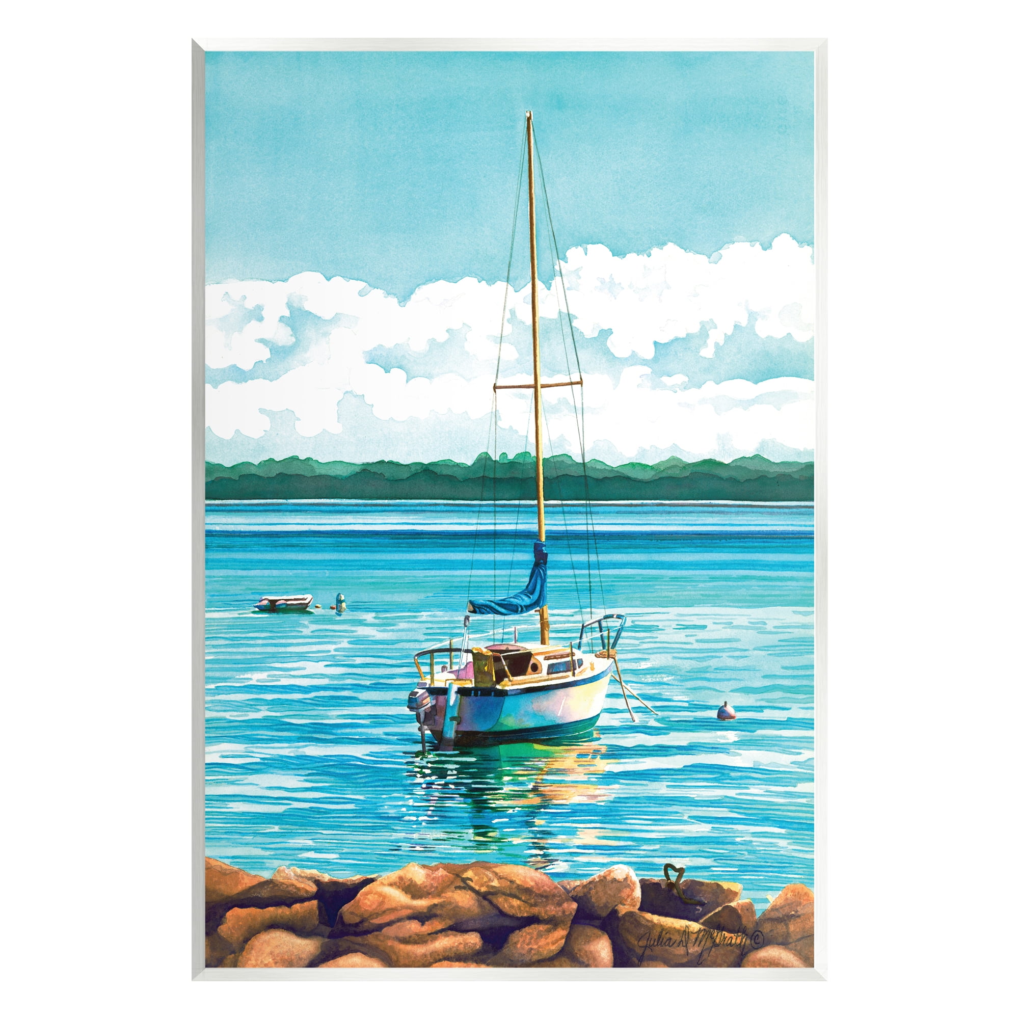 Stupell Industries Sailboat Rocky Shoreline Nature Painting Unframed Art Print Wall Art, 13 x 19