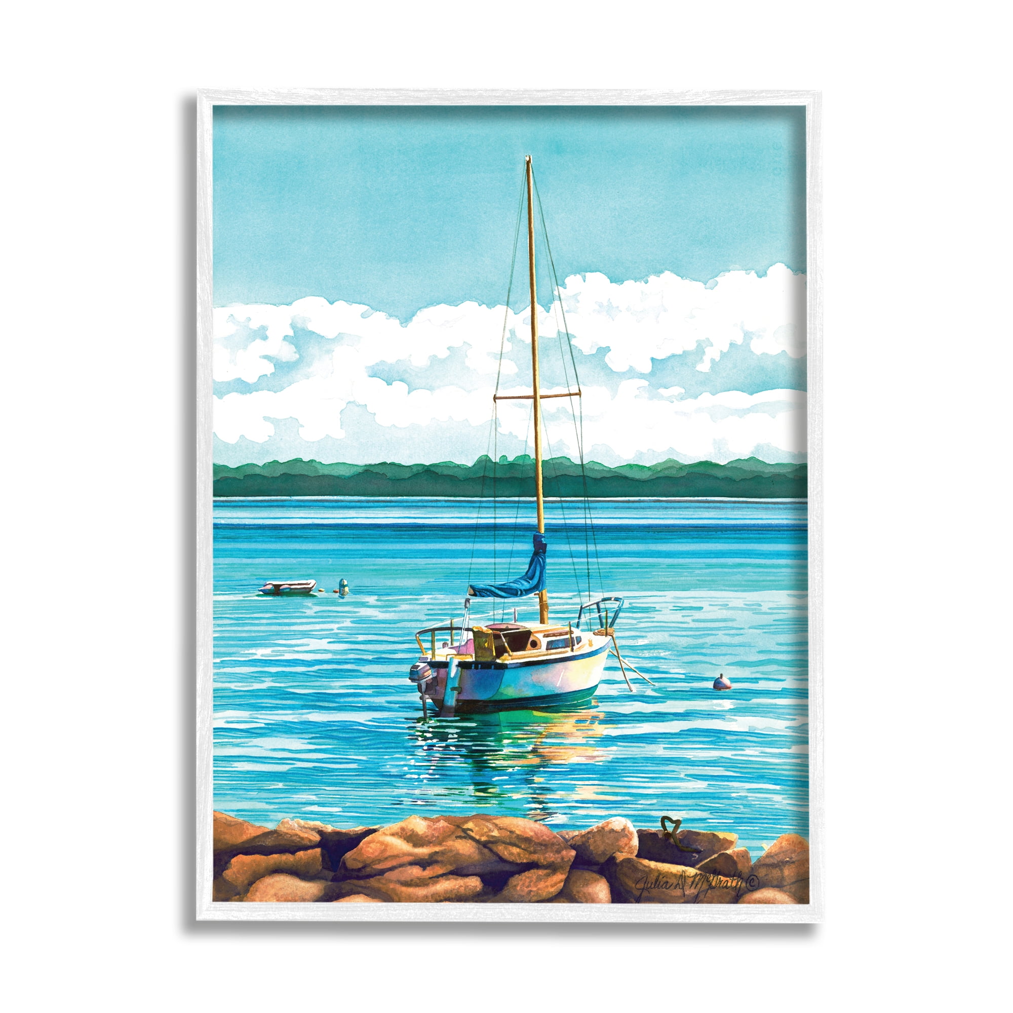 Stupell Industries Sailboat Rocky Shoreline Nature Painting White Framed Art Print Wall Art, 16 x 20
