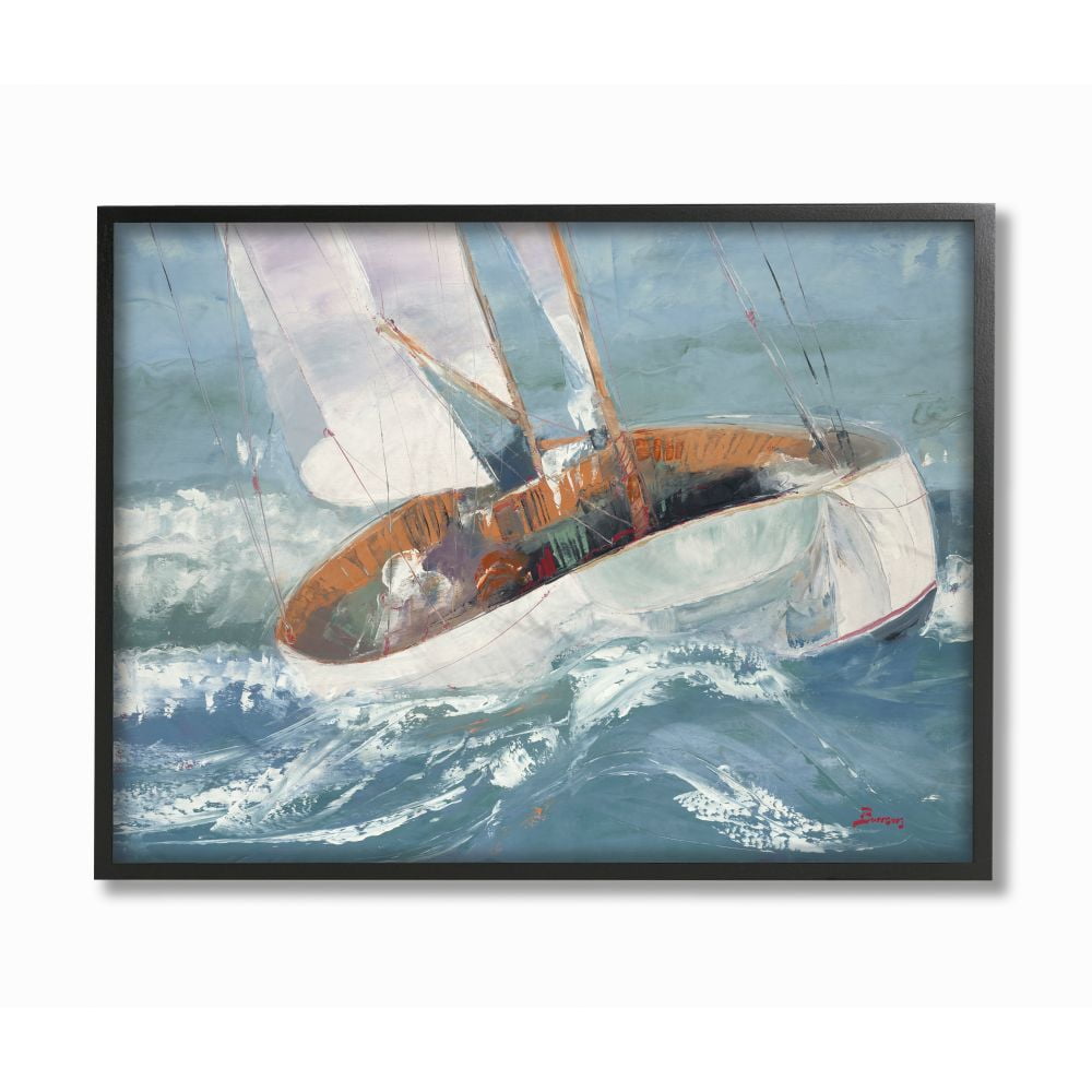 Stupell Industries Sailboat Sea Slopes Ocean Blue Brown Beach Painting Framed Wall Art by Third and Wall