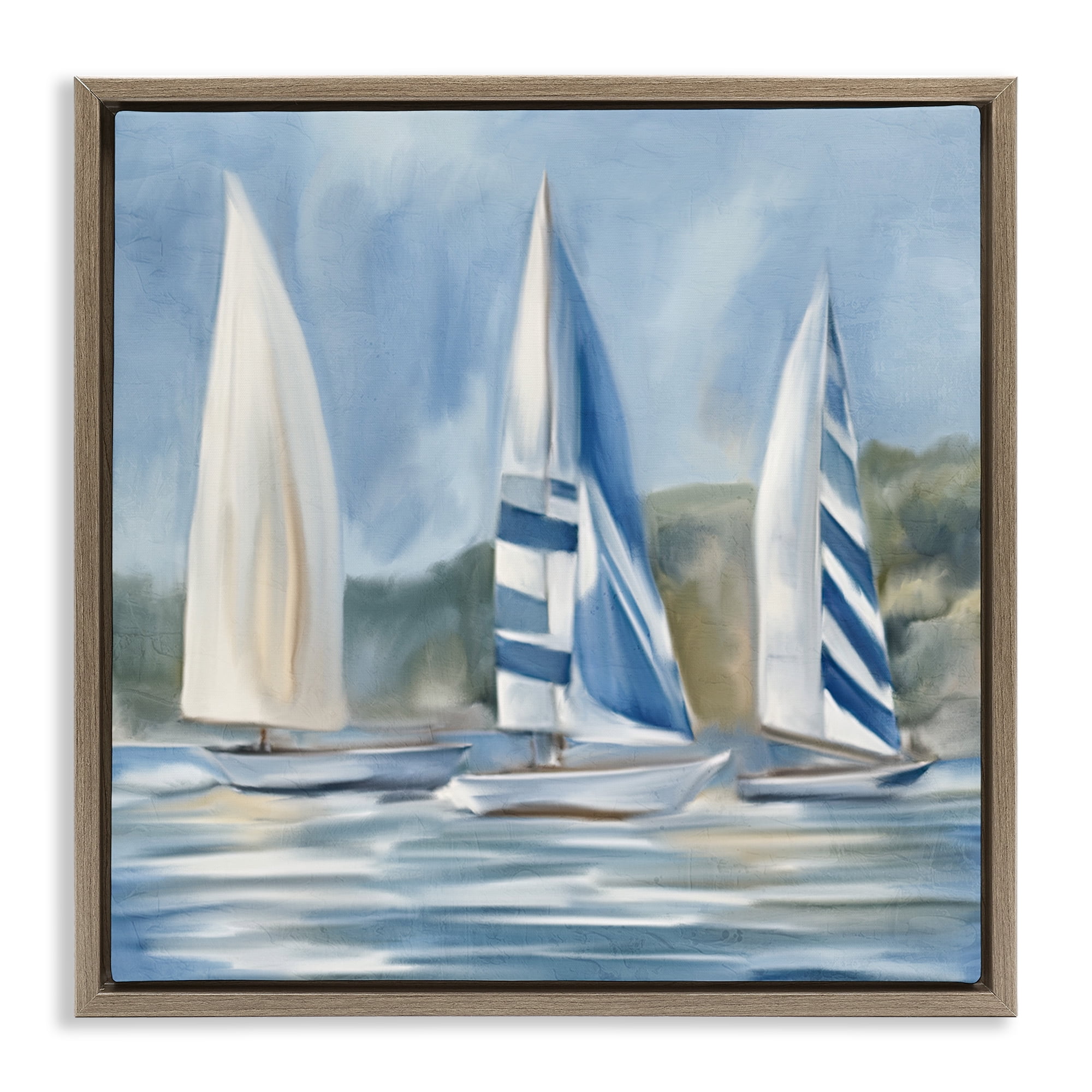 Stupell Industries Sailboat Trio Drifting Coastal Painting Brown Floater Framed Canvas Art Print Wall Art, 18 x 18