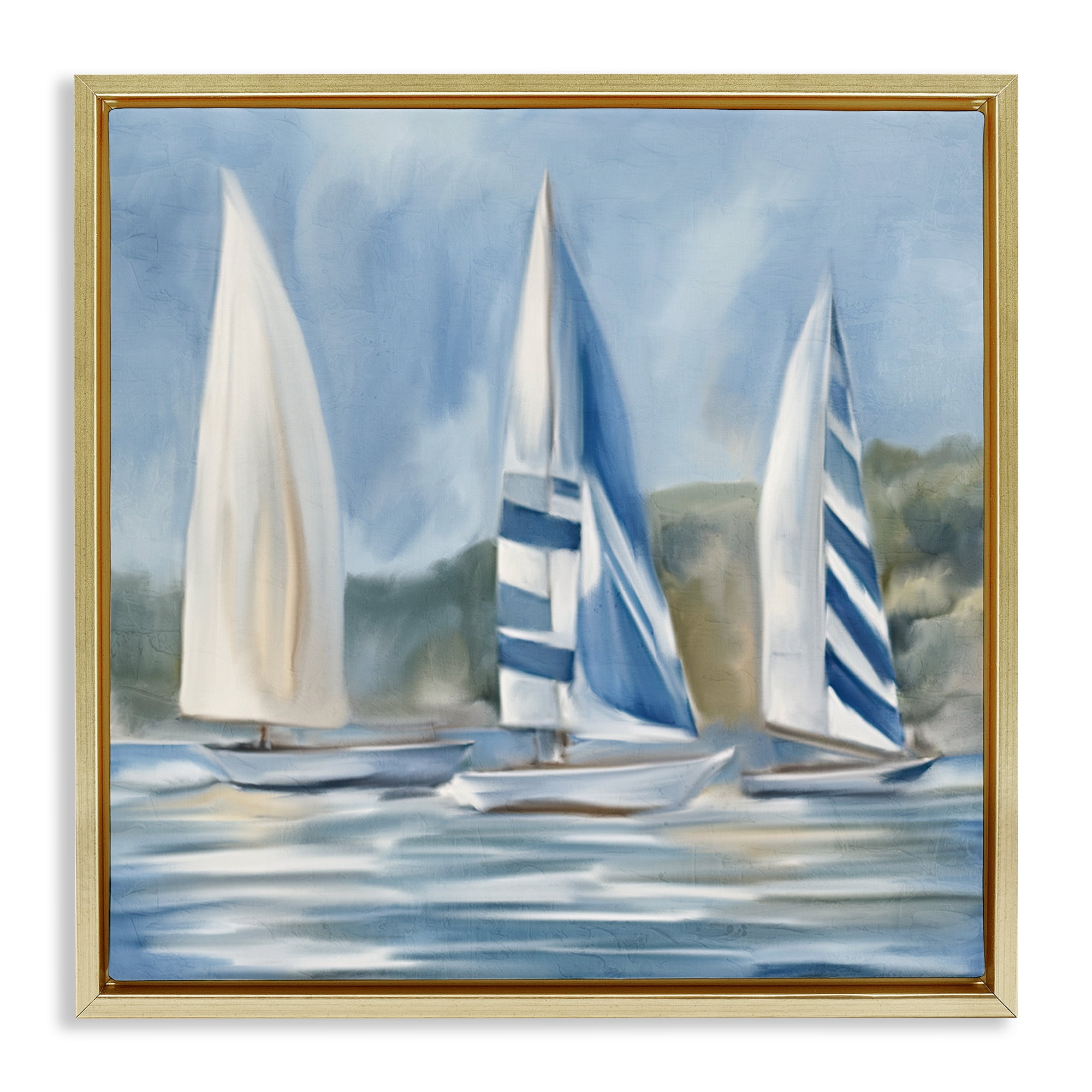 Stupell Industries Sailboat Trio Drifting Coastal Painting Gold Floater Framed Canvas Art Print Wall Art, 18 x 18