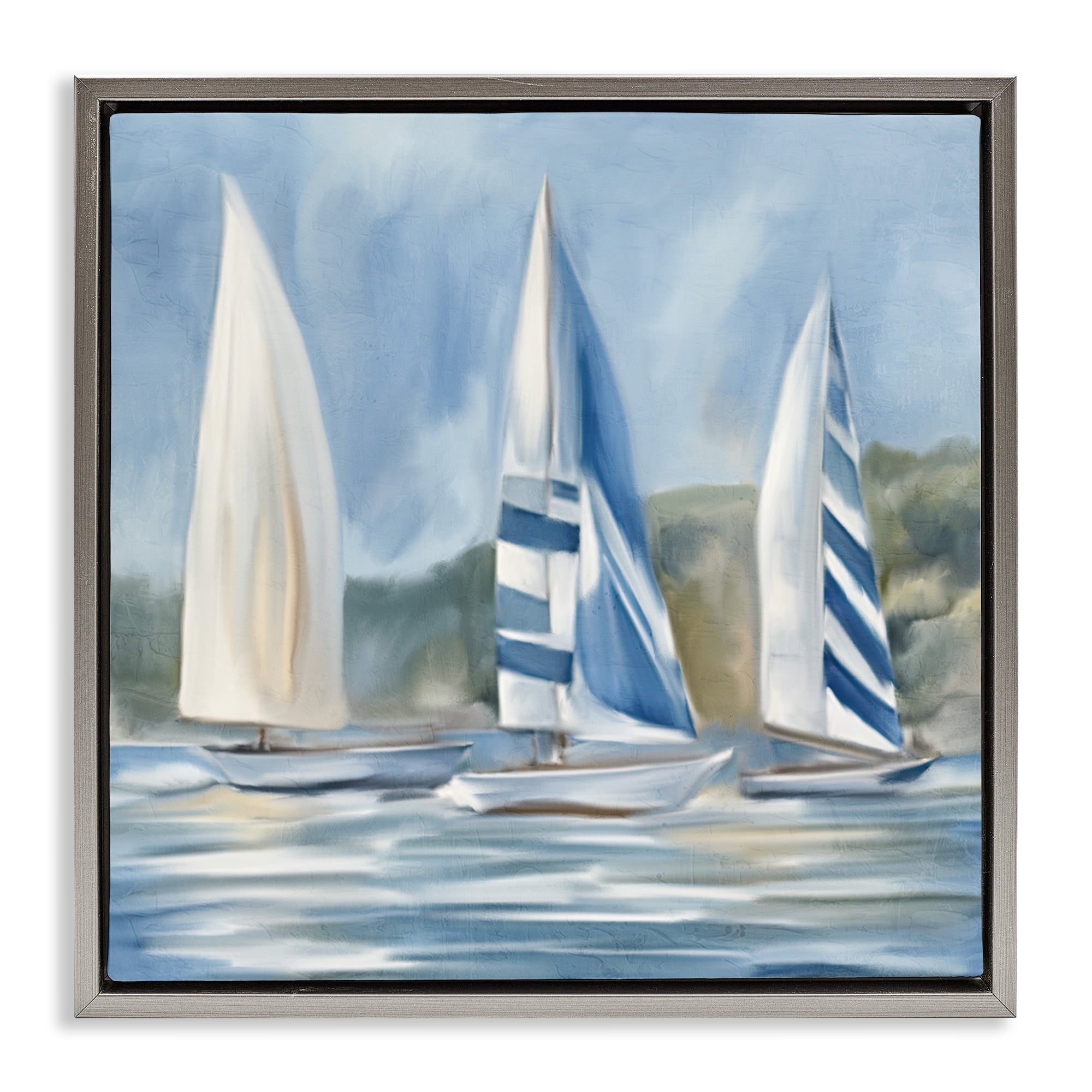 Stupell Industries Sailboat Trio Drifting Coastal Painting Gray Floater Framed Canvas Art Print Wall Art, 25 x 25