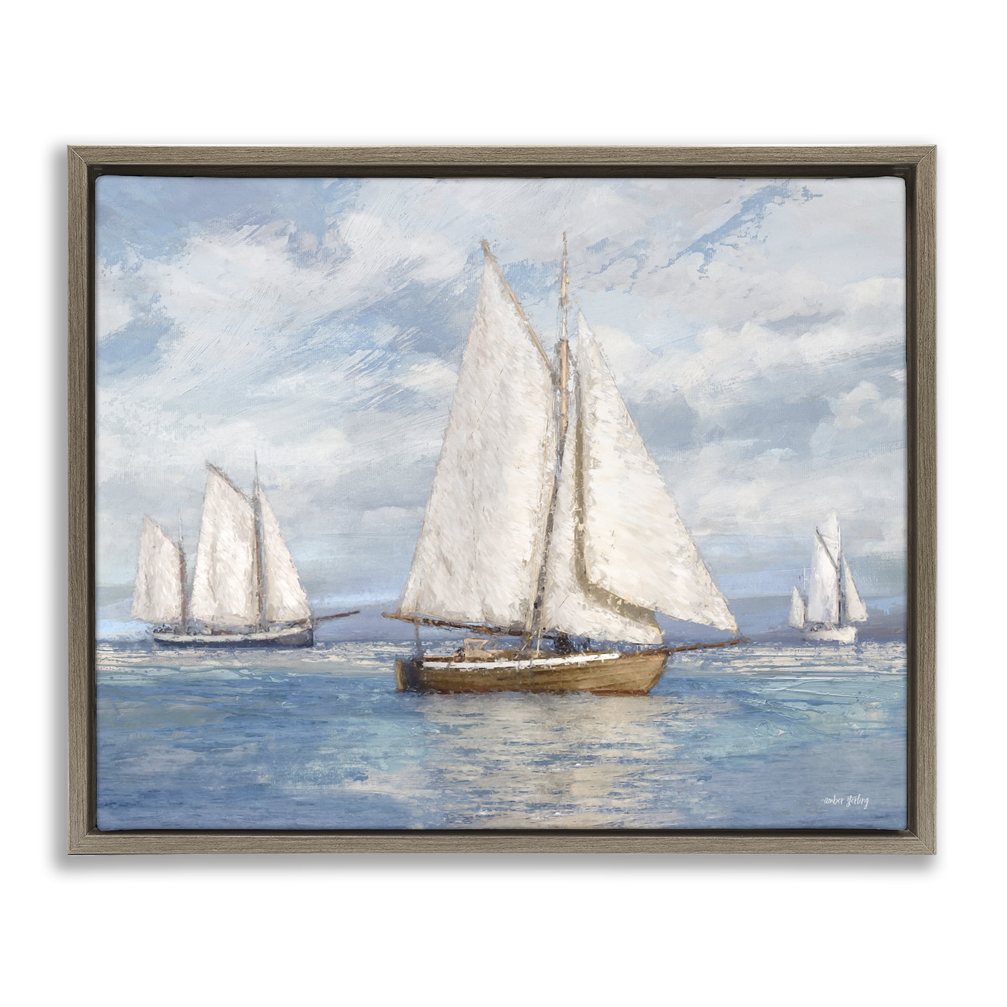 Stupell Industries Sailboat Trio Impression Nautical & Beach Painting Brown Floater Framed Canvas Art Print Wall Art, 31 x 25