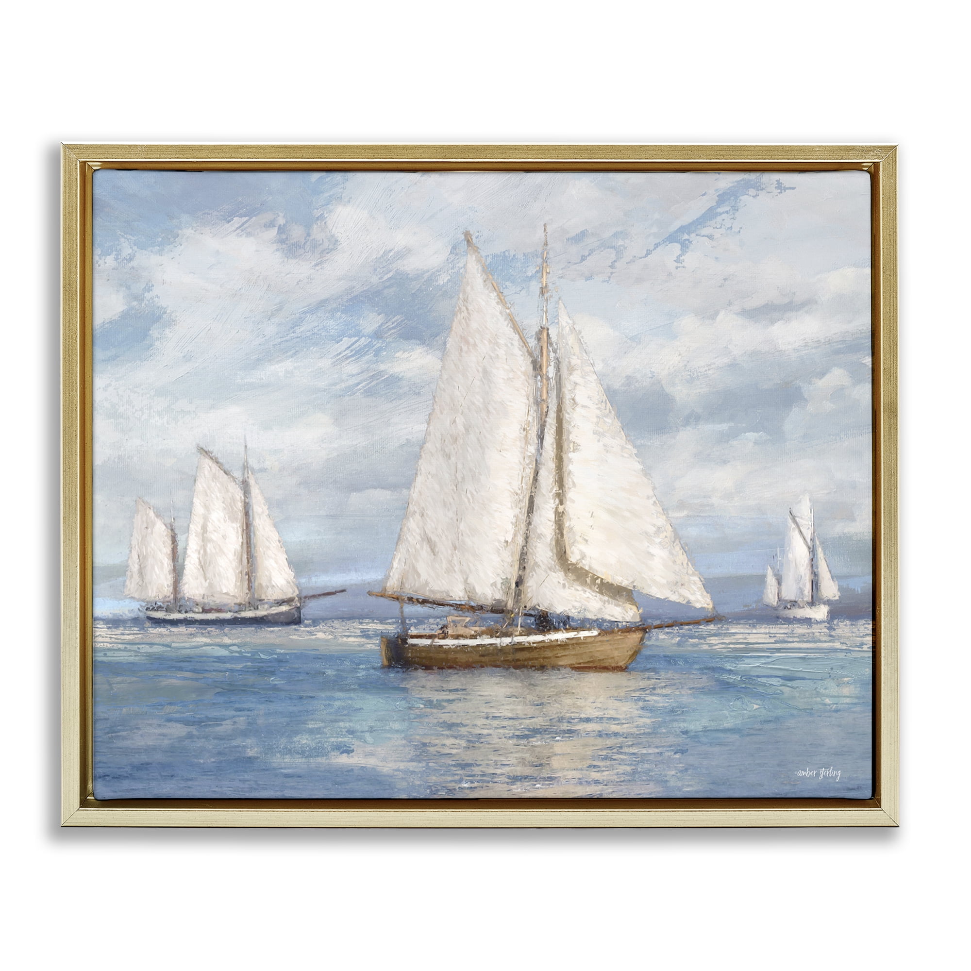 Stupell Industries Sailboat Trio Impression Nautical & Beach Painting Gold Floater Framed Canvas Art Print Wall Art, 31 x 25