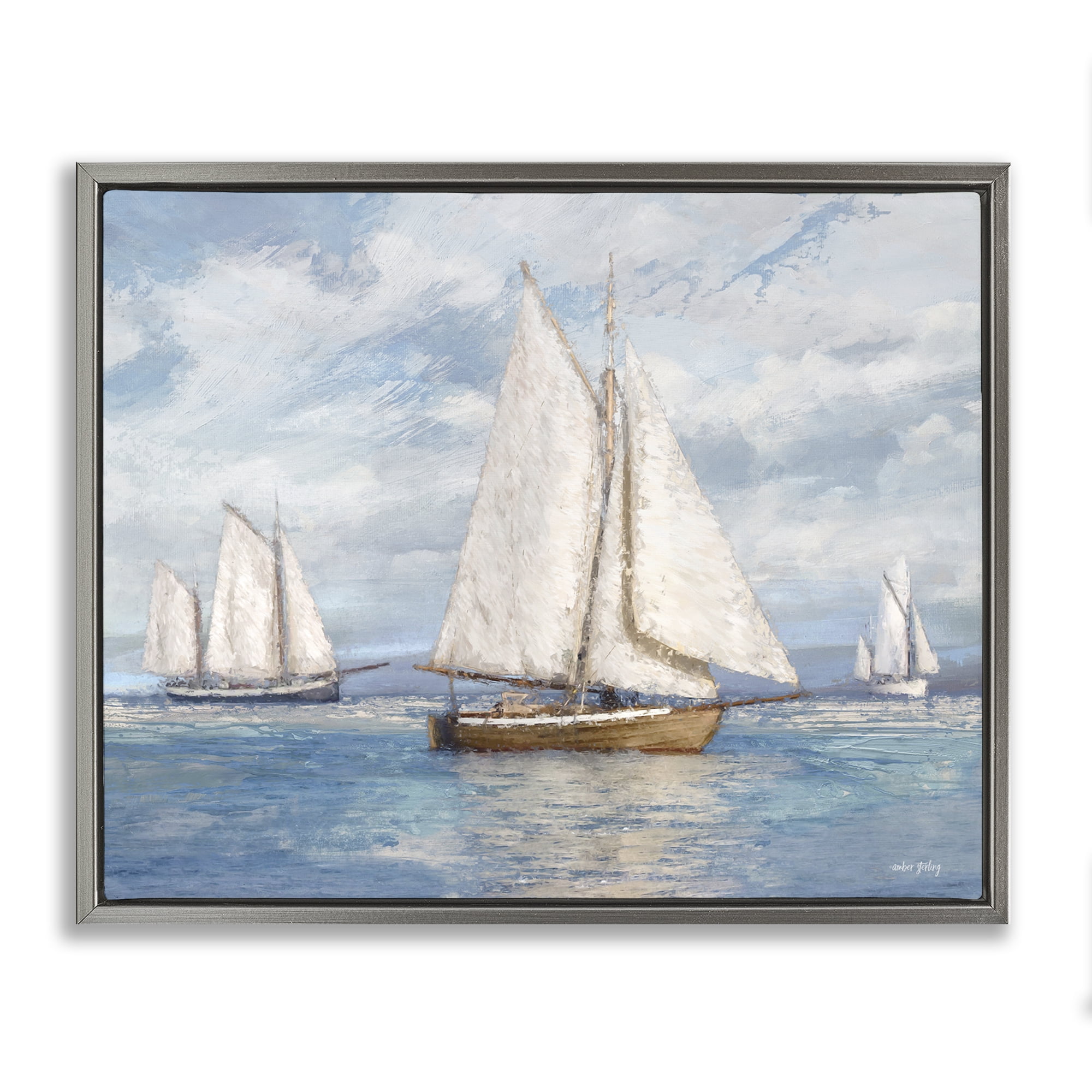 Stupell Industries Sailboat Trio Impression Nautical & Beach Painting Gray Floater Framed Canvas Art Print Wall Art, 21 x 17