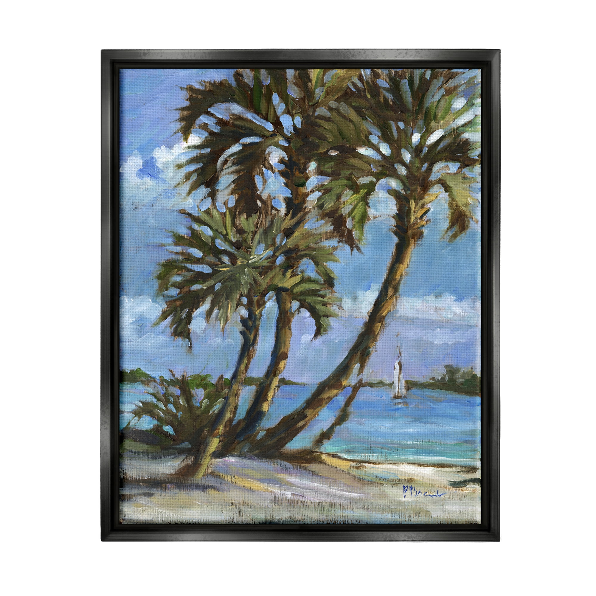Stupell Industries Sailboat Tropical Shore Transportation Painting Black Floater Framed Art Print Wall Art, 25 x 31