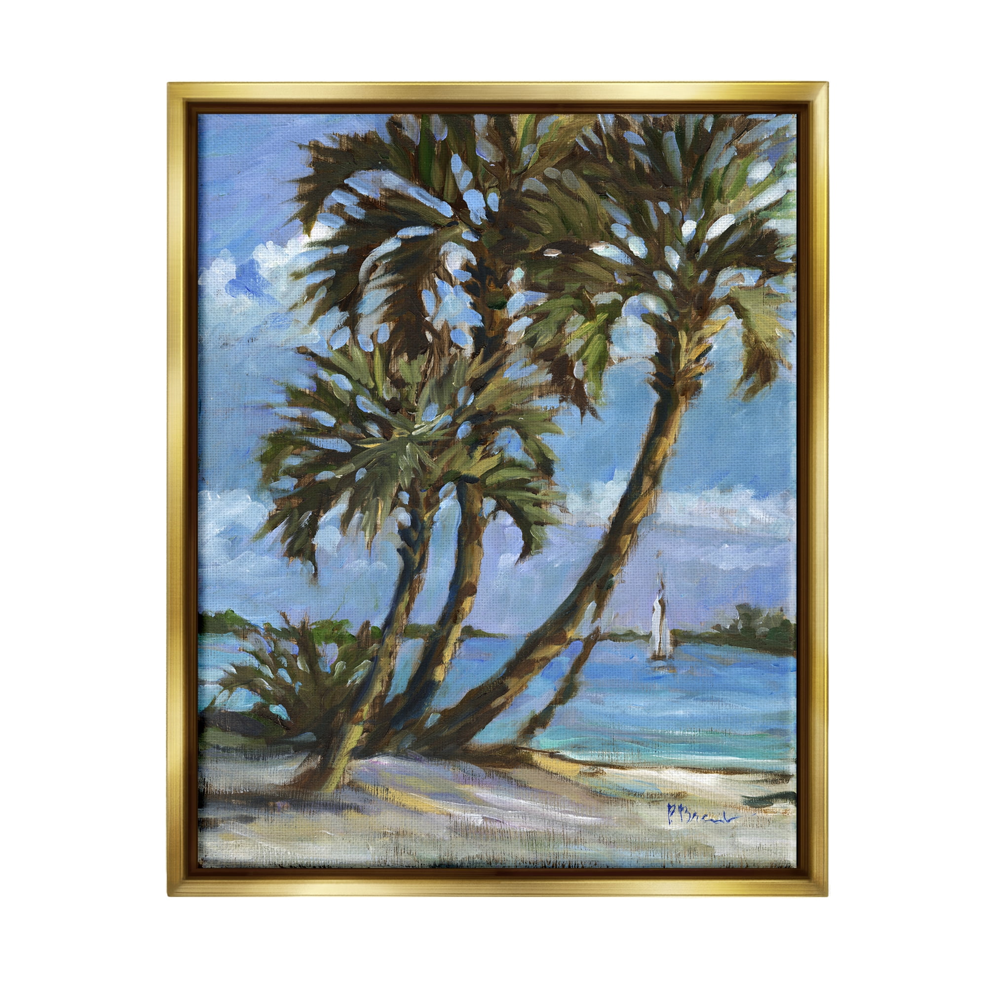 Stupell Industries Sailboat Tropical Shore Transportation Painting Gold Floater Framed Art Print Wall Art, 25 x 31