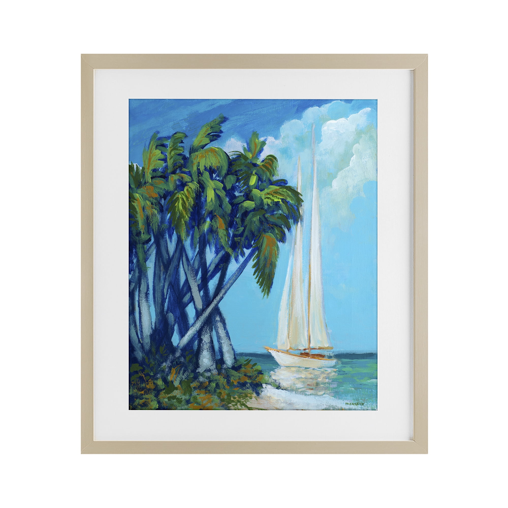 Stupell Industries Sailboat & Twisted Palms Birch Framed Print Under Glass, design by Dan Meneely