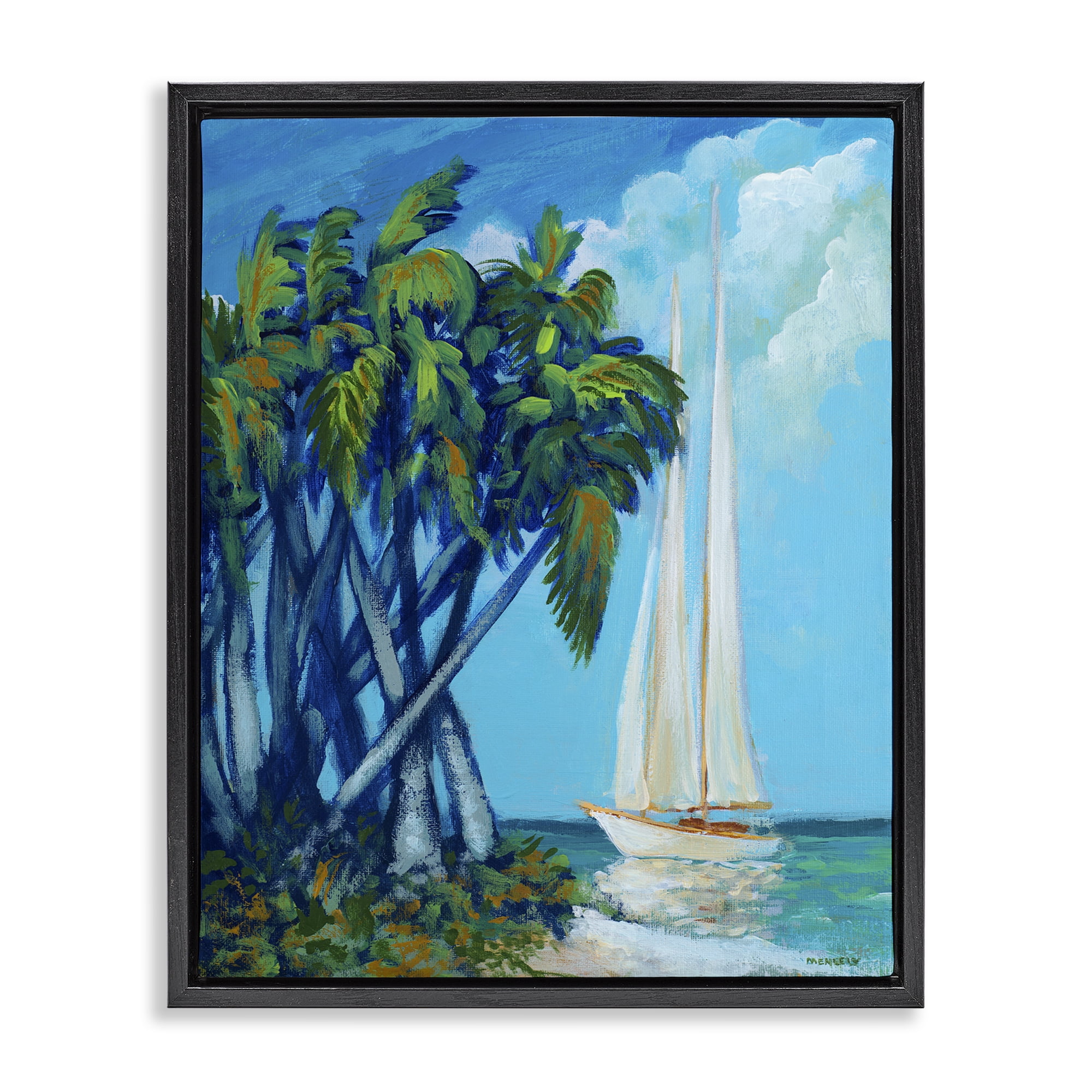 Stupell Industries Sailboat & Twisted Palms Black Framed Floater Canvas Wall Art, design by Dan Meneely
