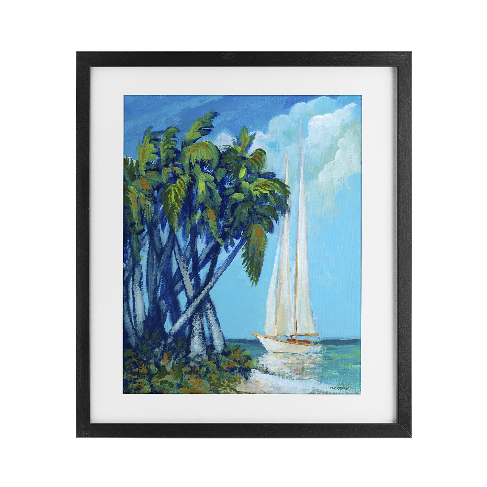 Stupell Industries Sailboat & Twisted Palms Black Framed Print Under Glass, design by Dan Meneely